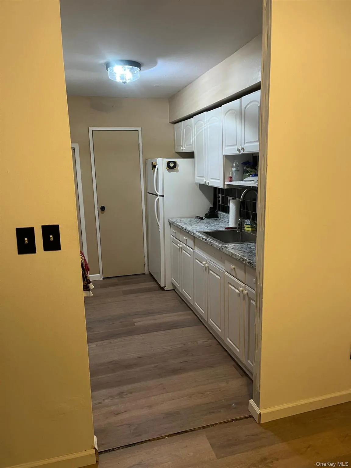 Kitchen with white cabinetry, freestanding refrigerator, backsplash, wood-type flooring Kitchen with white cabinetry, freestanding refrigerator, backsplash, wood-type flooring