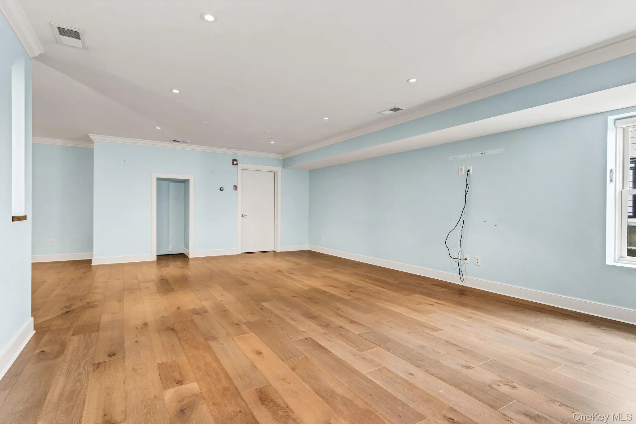 Spare room featuring crown molding, recessed lighting, and light wood finished floors Spare room featuring crown molding, recessed lighting, and light wood finished floors