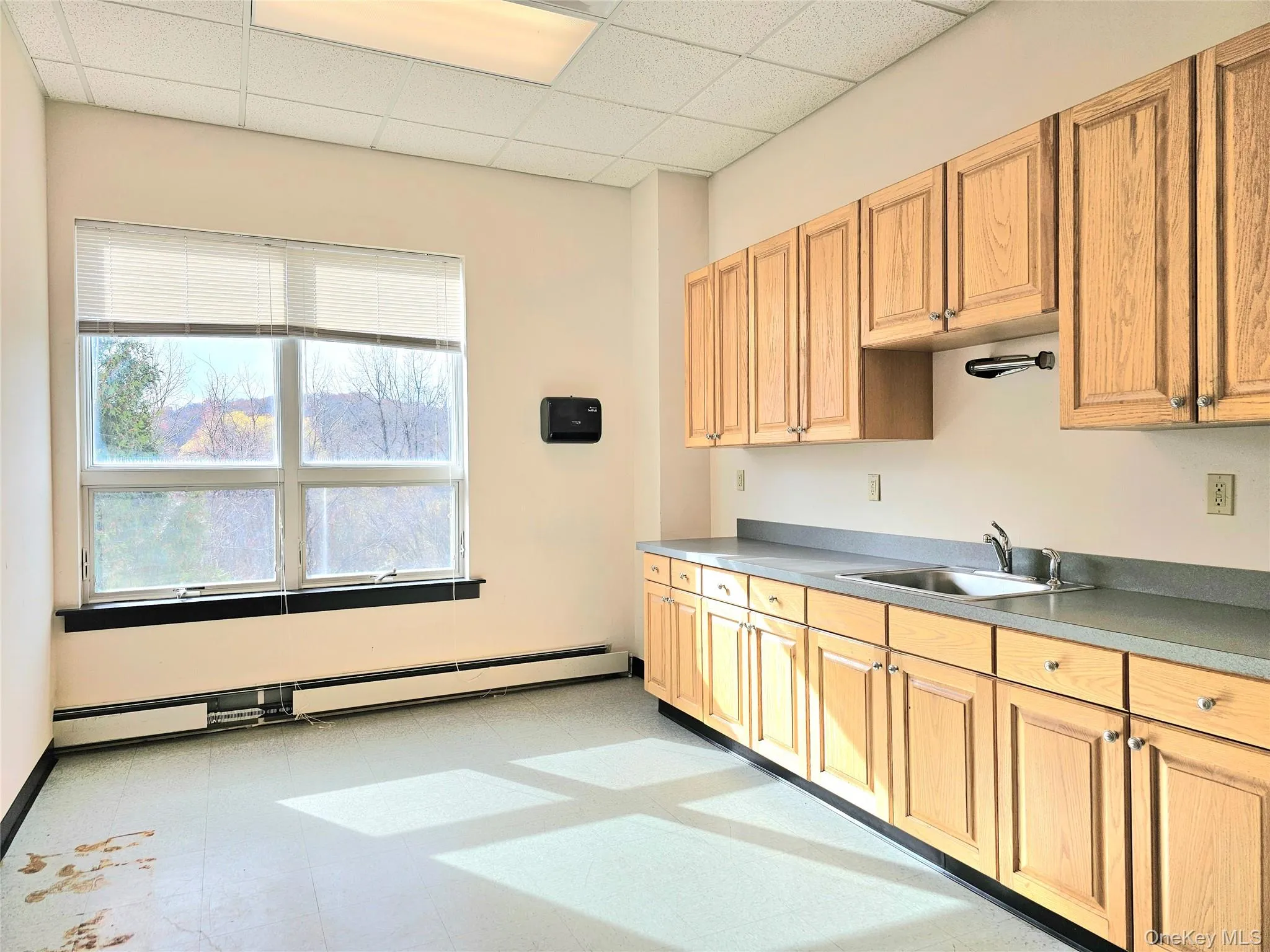 Kitchen with a drop ceiling, baseboard heating, light floors, and light countertops Kitchen with a drop ceiling, baseboard heating, light floors, and light countertops
