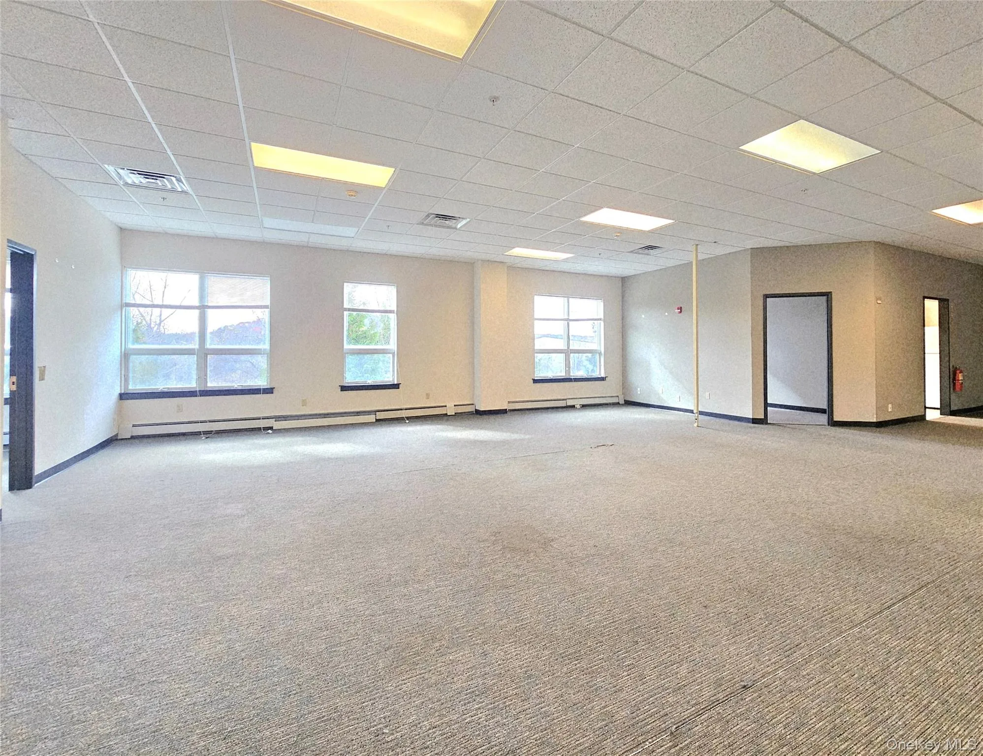 Unfurnished room featuring a drop ceiling, light colored carpet, and a baseboard heating unit Unfurnished room featuring a drop ceiling, light colored carpet, and a baseboard heating unit