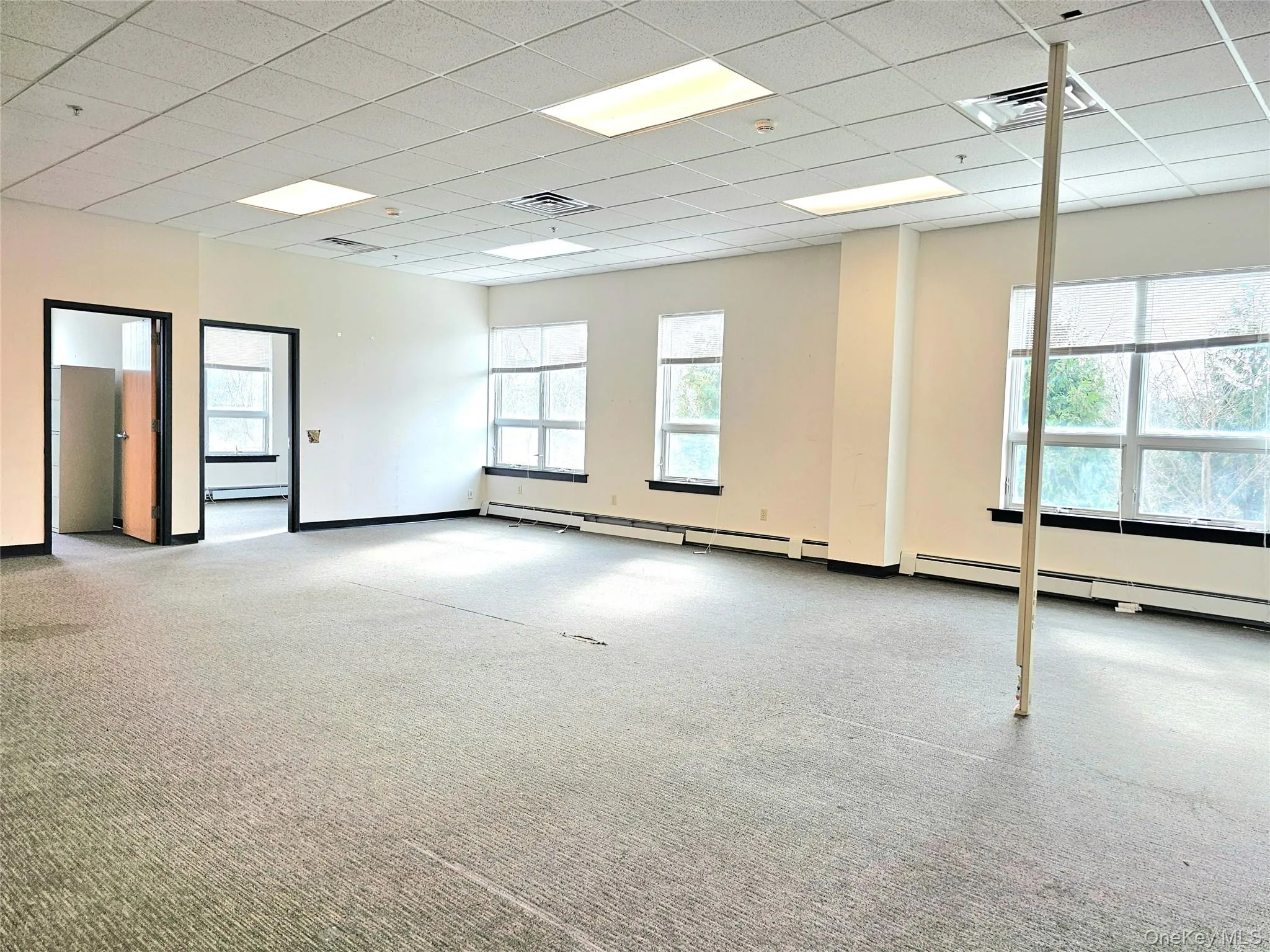 Empty room featuring a paneled ceiling, carpet, baseboard heating, and a baseboard radiator Empty room featuring a paneled ceiling, carpet, baseboard heating, and a baseboard radiator