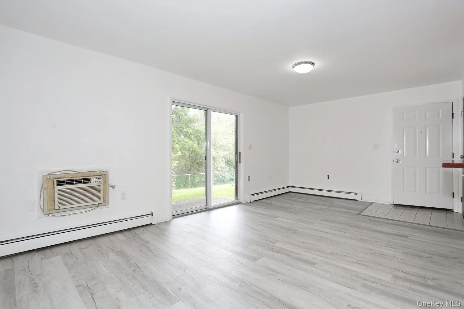 Unfurnished living room featuring light wood-style floors, a wall mounted AC, and baseboard heating Unfurnished living room featuring light wood-style floors, a wall mounted AC, and baseboard heating