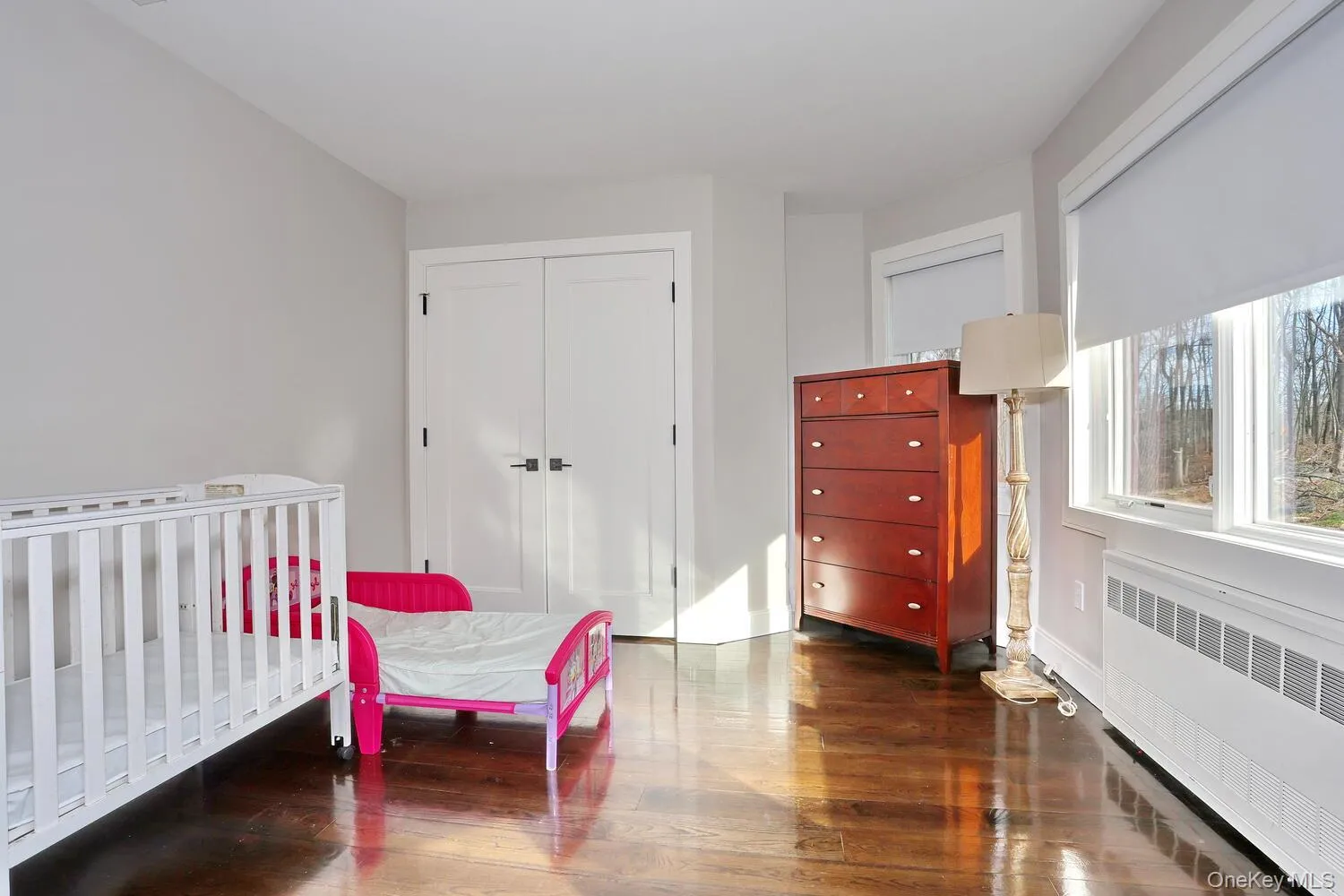 Bedroom featuring radiator, a closet, and dark wood-type flooring Bedroom featuring radiator, a closet, and dark wood-type flooring
