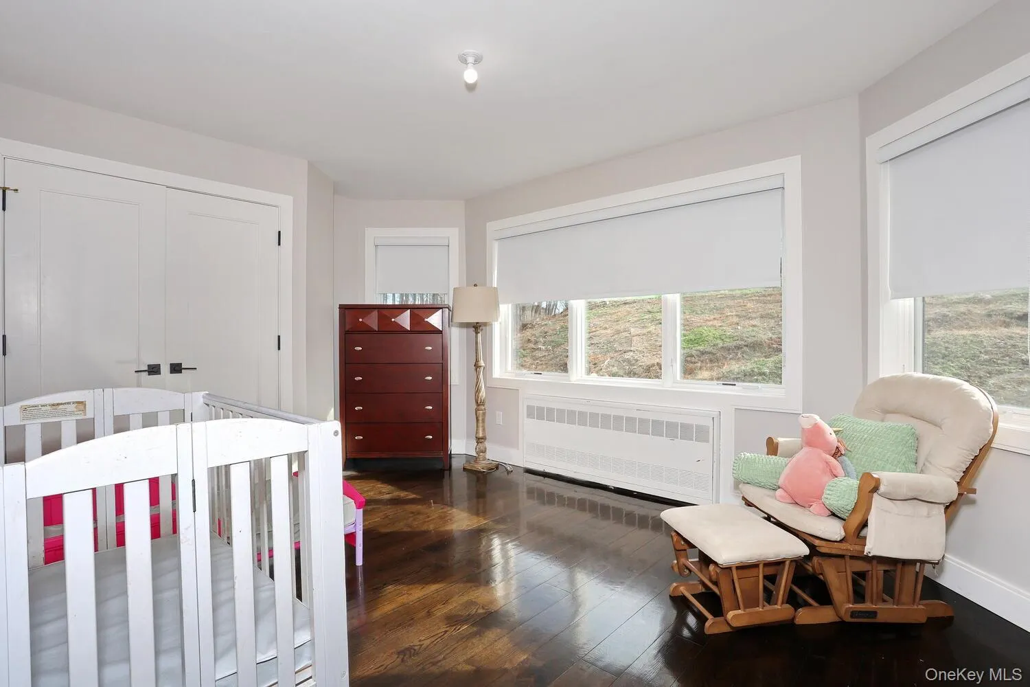 Bedroom featuring a nursery area, radiator, a closet, and dark wood-style floors Bedroom featuring a nursery area, radiator, a closet, and dark wood-style floors
