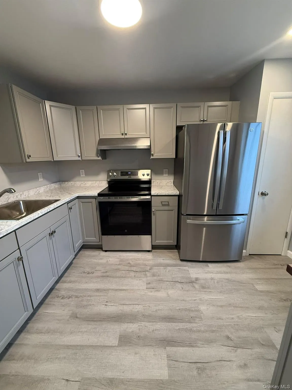 Kitchen featuring gray cabinets, stainless steel appliances, light wood-style flooring, under cabinet range hood, and light stone counters Kitchen featuring gray cabinets, stainless steel appliances, light wood-style flooring, under cabinet range hood, and light stone counters
