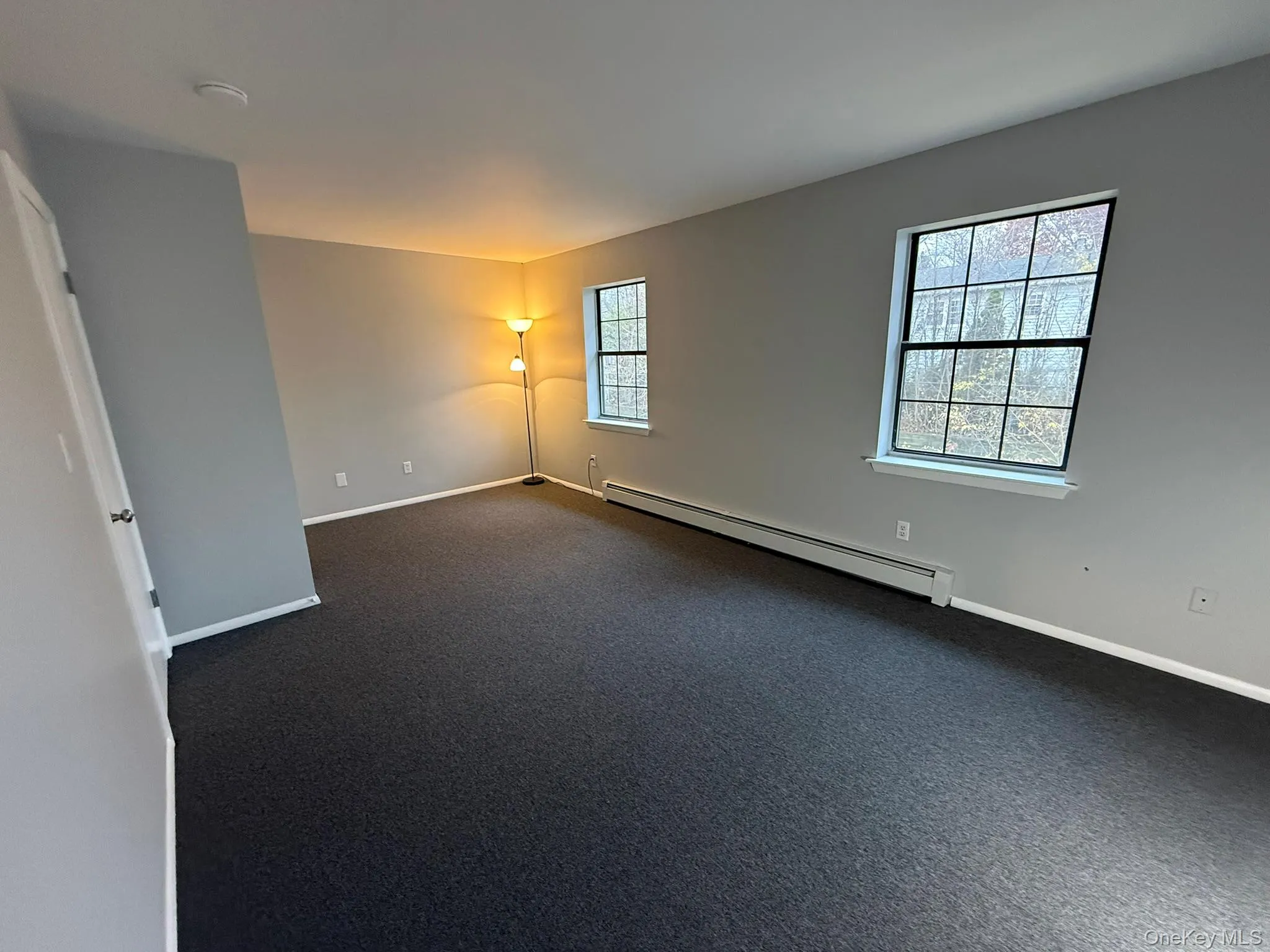 Spare room with a baseboard heating unit and dark carpet Spare room with a baseboard heating unit and dark carpet