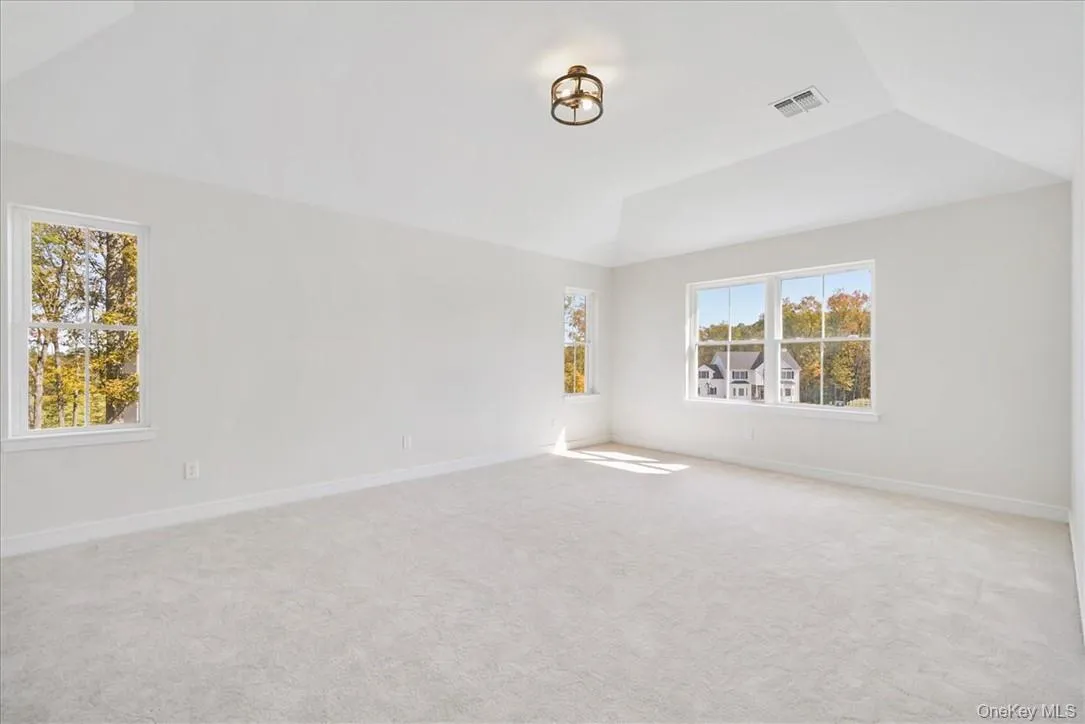 Spare room with light colored carpet and lofted ceiling Spare room with light colored carpet and lofted ceiling