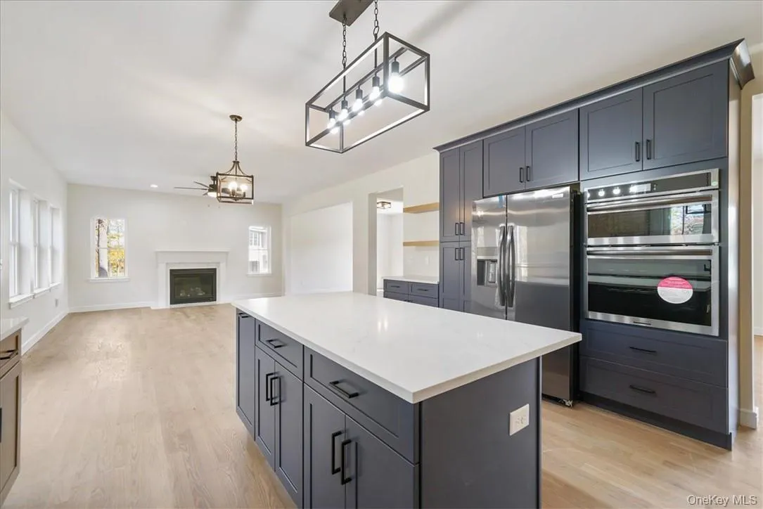 Kitchen with appliances with stainless steel finishes, decorative light fixtures, a center island, and light hardwood / wood-style flooring Kitchen with appliances with stainless steel finishes, decorative light fixtures, a center island, and light hardwood / wood-style flooring