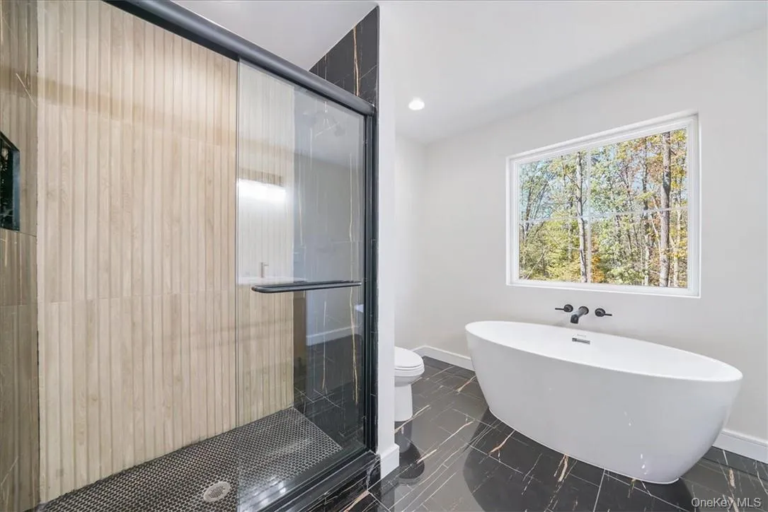 Bathroom featuring toilet and shower with separate bathtub Bathroom featuring toilet and shower with separate bathtub