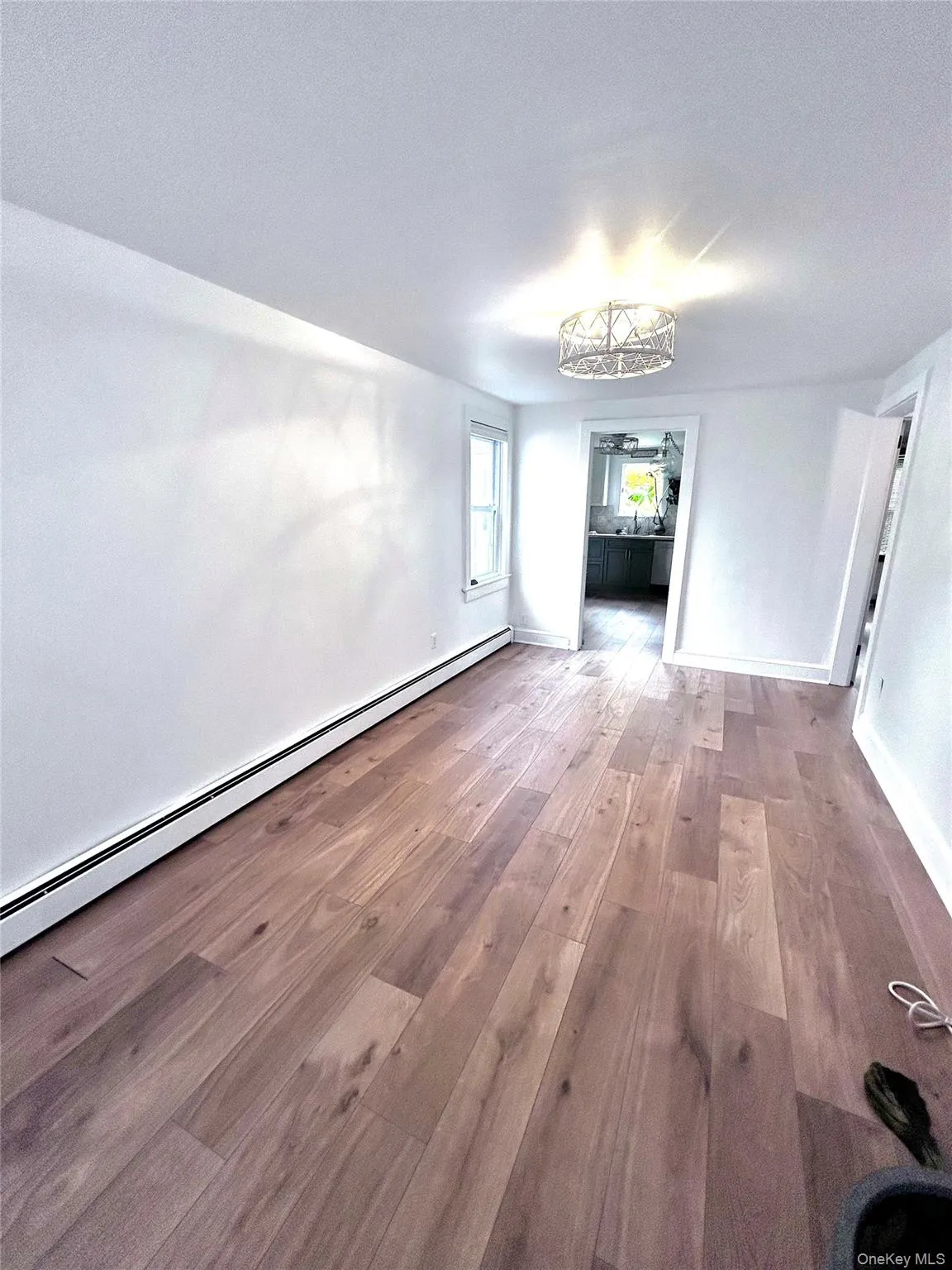Unfurnished dining area featuring a baseboard radiator and light wood-style floors Unfurnished dining area featuring a baseboard radiator and light wood-style floors
