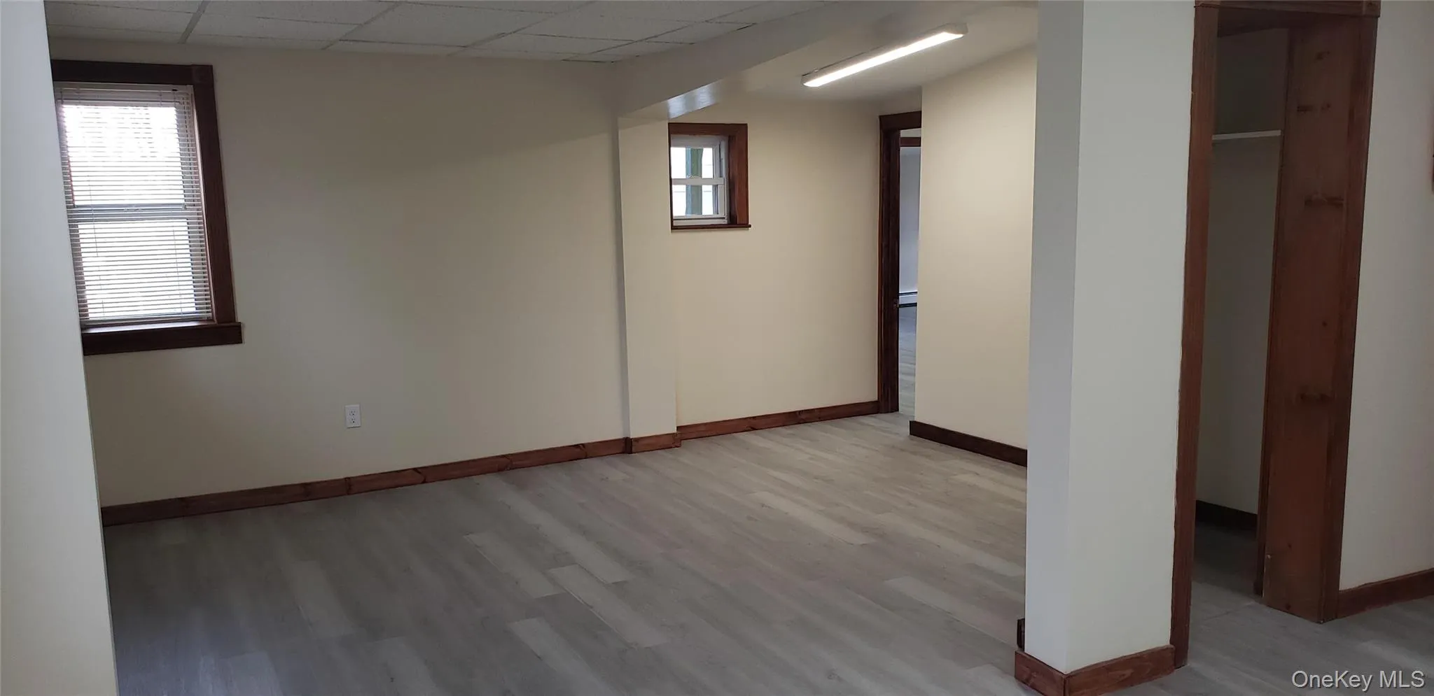 Below grade area featuring healthy amount of natural light, light wood-style floors, and a drop ceiling Below grade area featuring healthy amount of natural light, light wood-style floors, and a drop ceiling