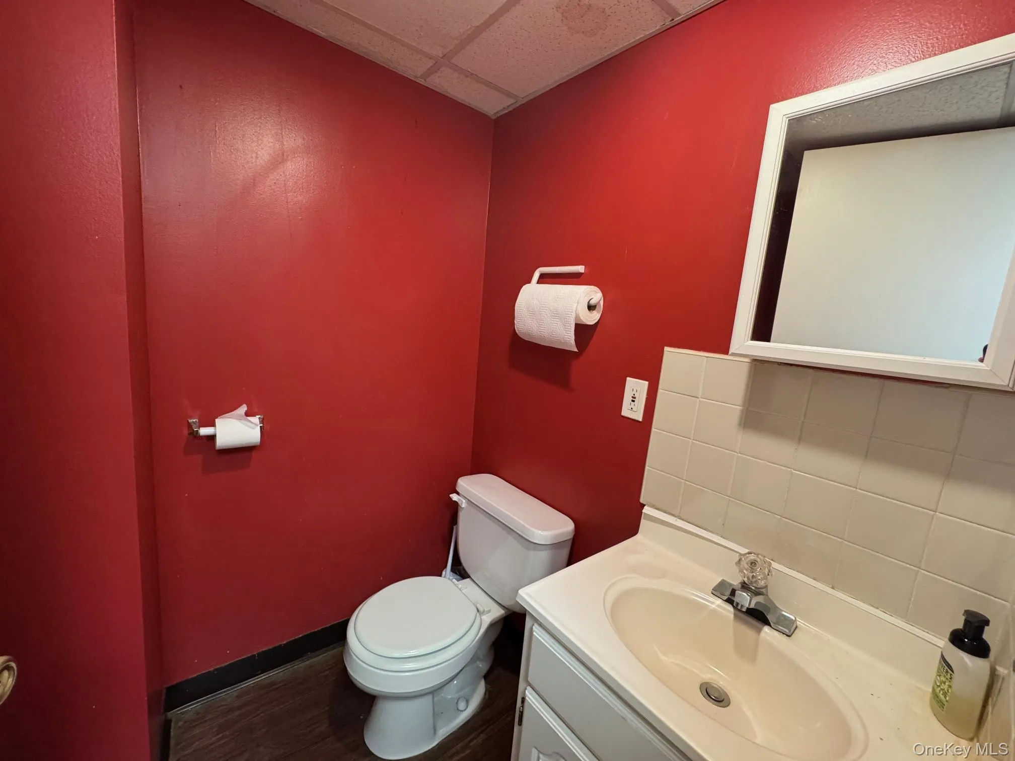 Bathroom with a paneled ceiling, vanity, decorative backsplash, and dark wood-style floors Bathroom with a paneled ceiling, vanity, decorative backsplash, and dark wood-style floors