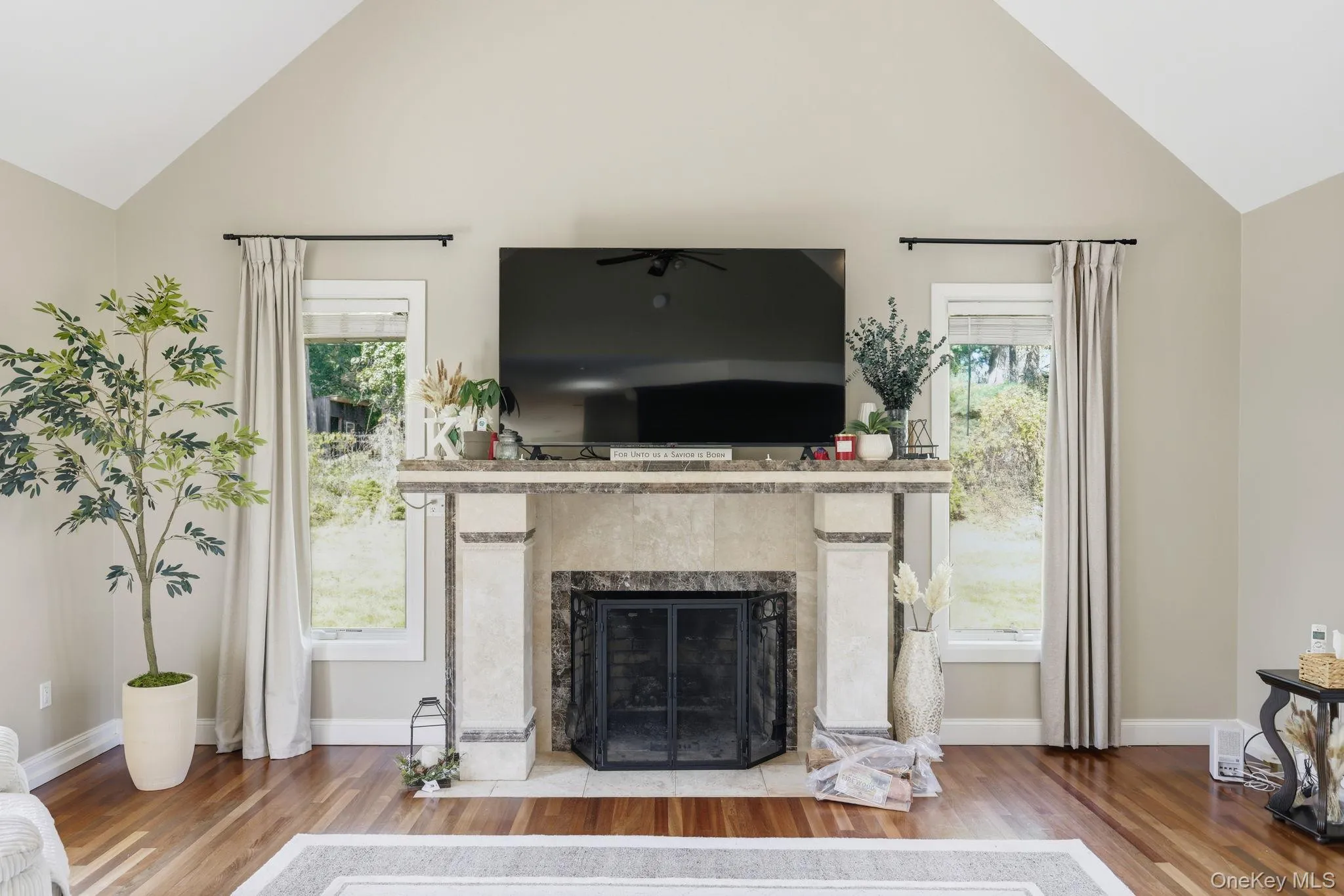 Living room featuring light wood-type flooring, a premium fireplace, and high vaulted ceiling Living room featuring light wood-type flooring, a premium fireplace, and high vaulted ceiling