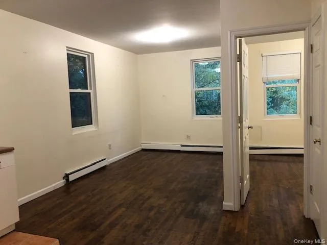 Spare room with dark wood-type flooring and baseboard heating Spare room with dark wood-type flooring and baseboard heating