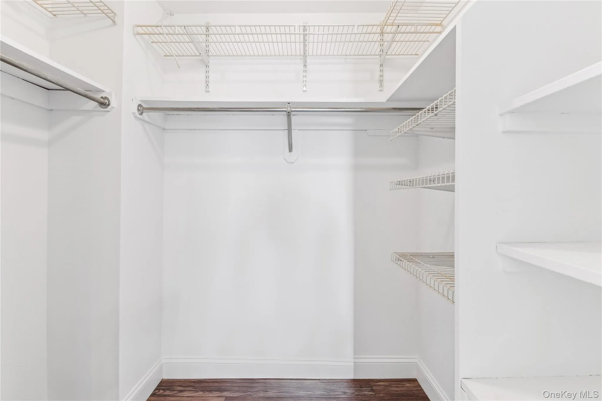 Walk in closet featuring dark hardwood / wood-style flooring Walk in closet featuring dark hardwood / wood-style flooring