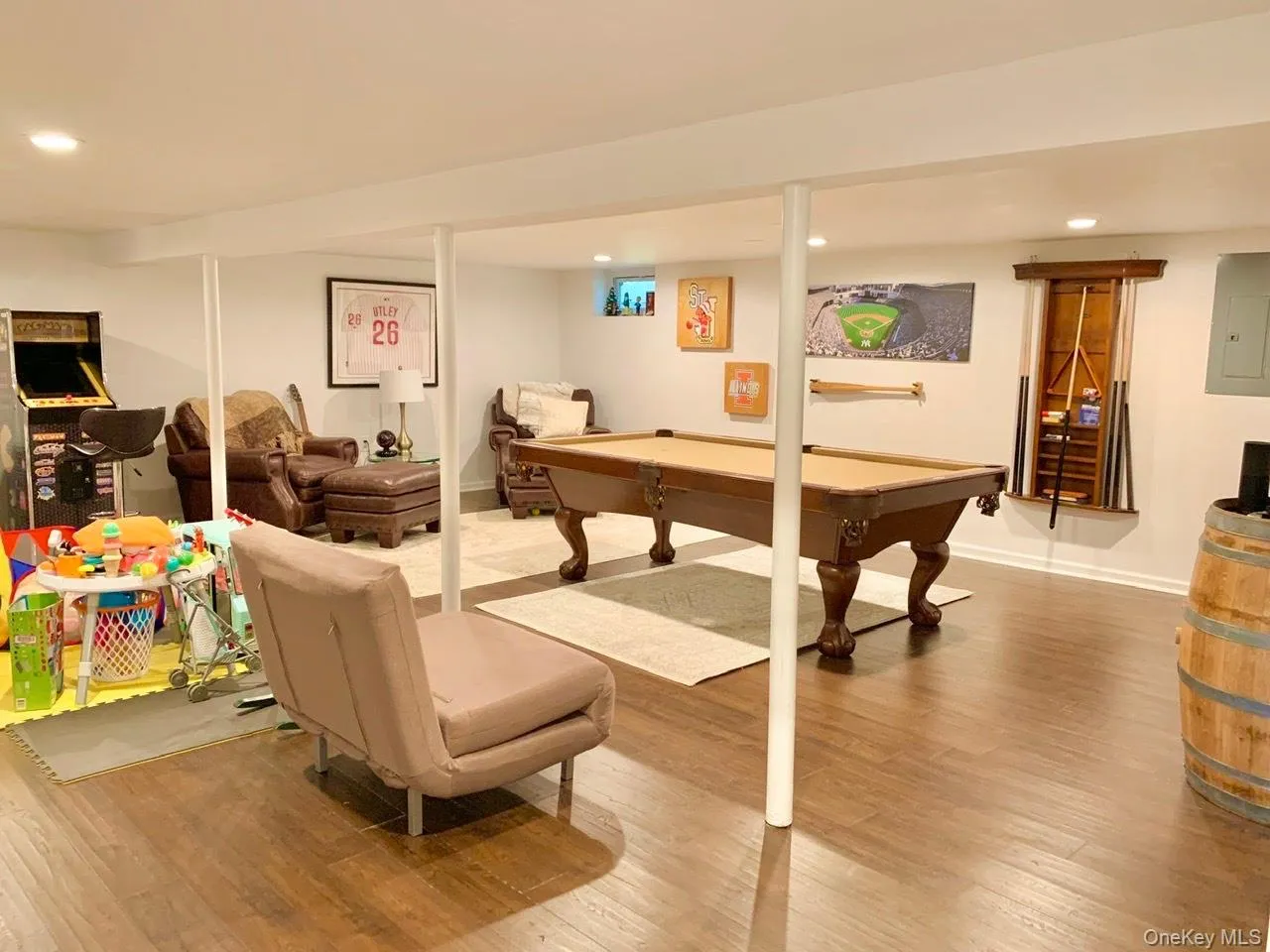 Playroom with recessed lighting, light wood-style flooring, billiards, and electric panel Playroom with recessed lighting, light wood-style flooring, billiards, and electric panel