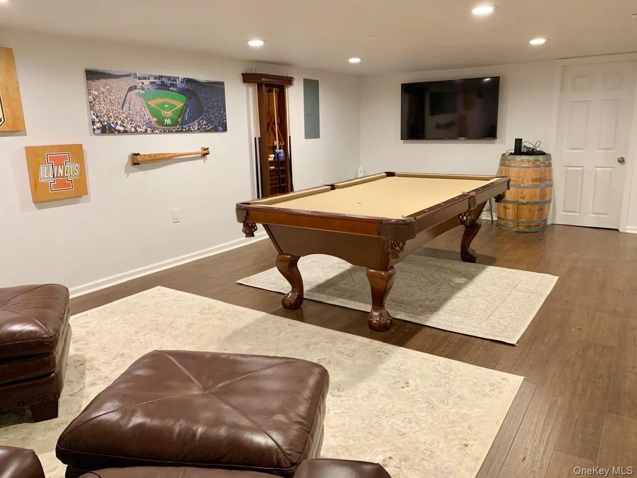 Playroom with recessed lighting, wood finished floors, billiards table, and electric panel Playroom with recessed lighting, wood finished floors, billiards table, and electric panel