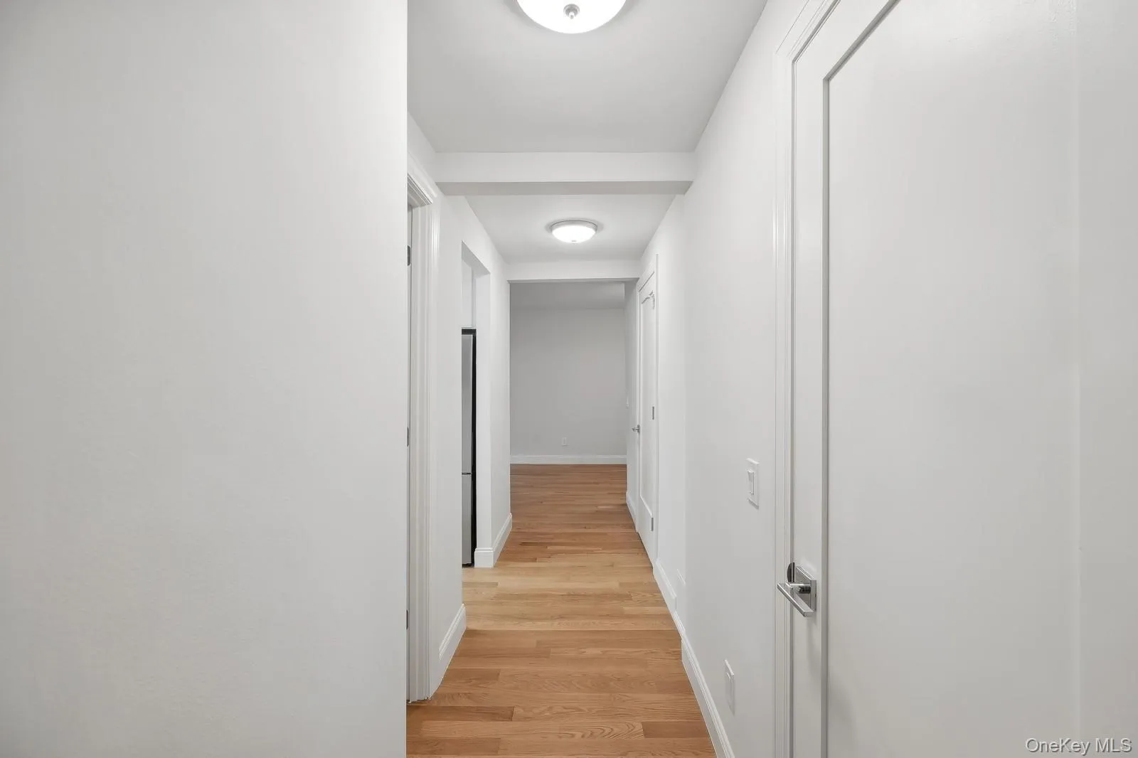 Hallway featuring light wood-style flooring and baseboards Hallway featuring light wood-style flooring and baseboards