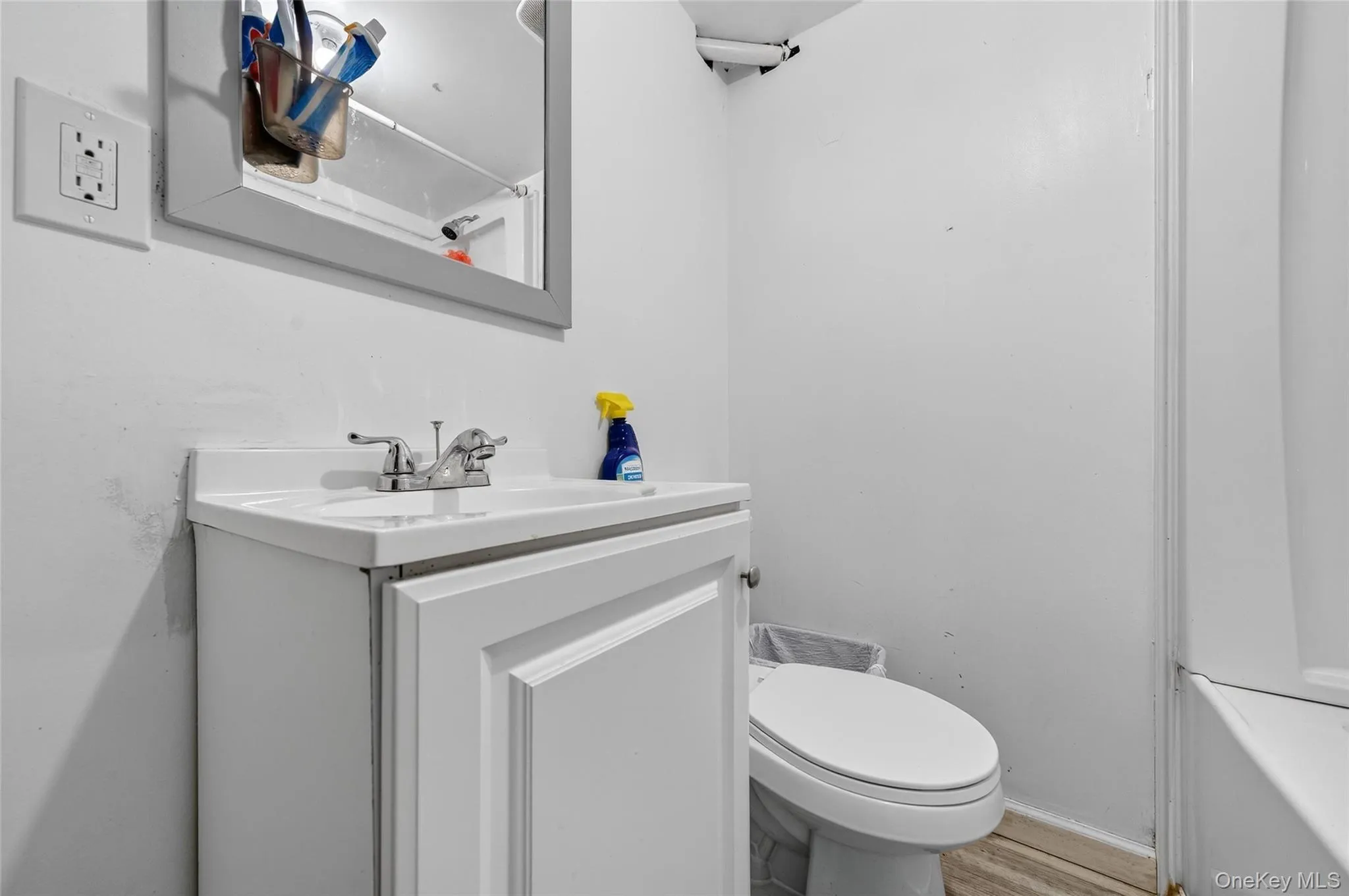 Bathroom featuring vanity, a shower, and light wood-style floors Bathroom featuring vanity, a shower, and light wood-style floors