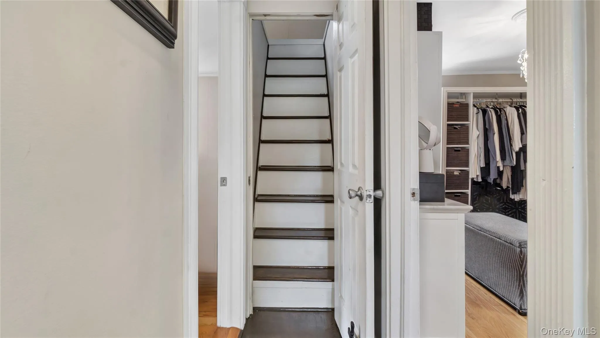 Staircase featuring wood finished floors Staircase featuring wood finished floors