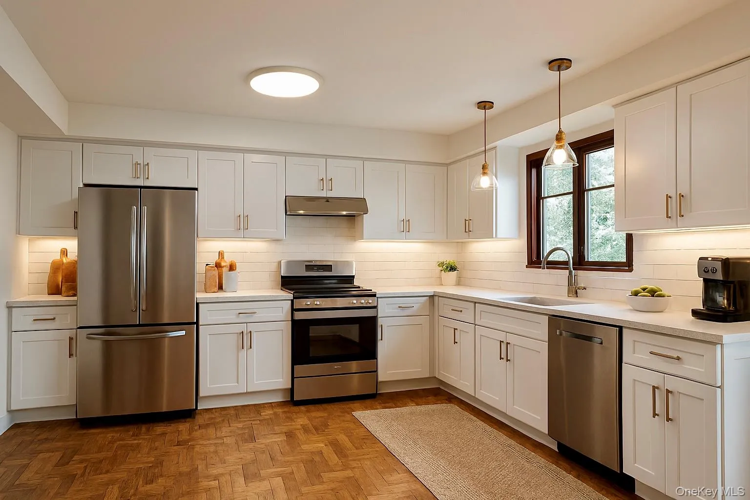 Kitchen with stainless steel appliances, white cabinetry, backsplash, under cabinet range hood, and hanging light fixturesVirtually staged Kitchen with stainless steel appliances, white cabinetry, backsplash, under cabinet range hood, and hanging light fixturesVirtually staged
