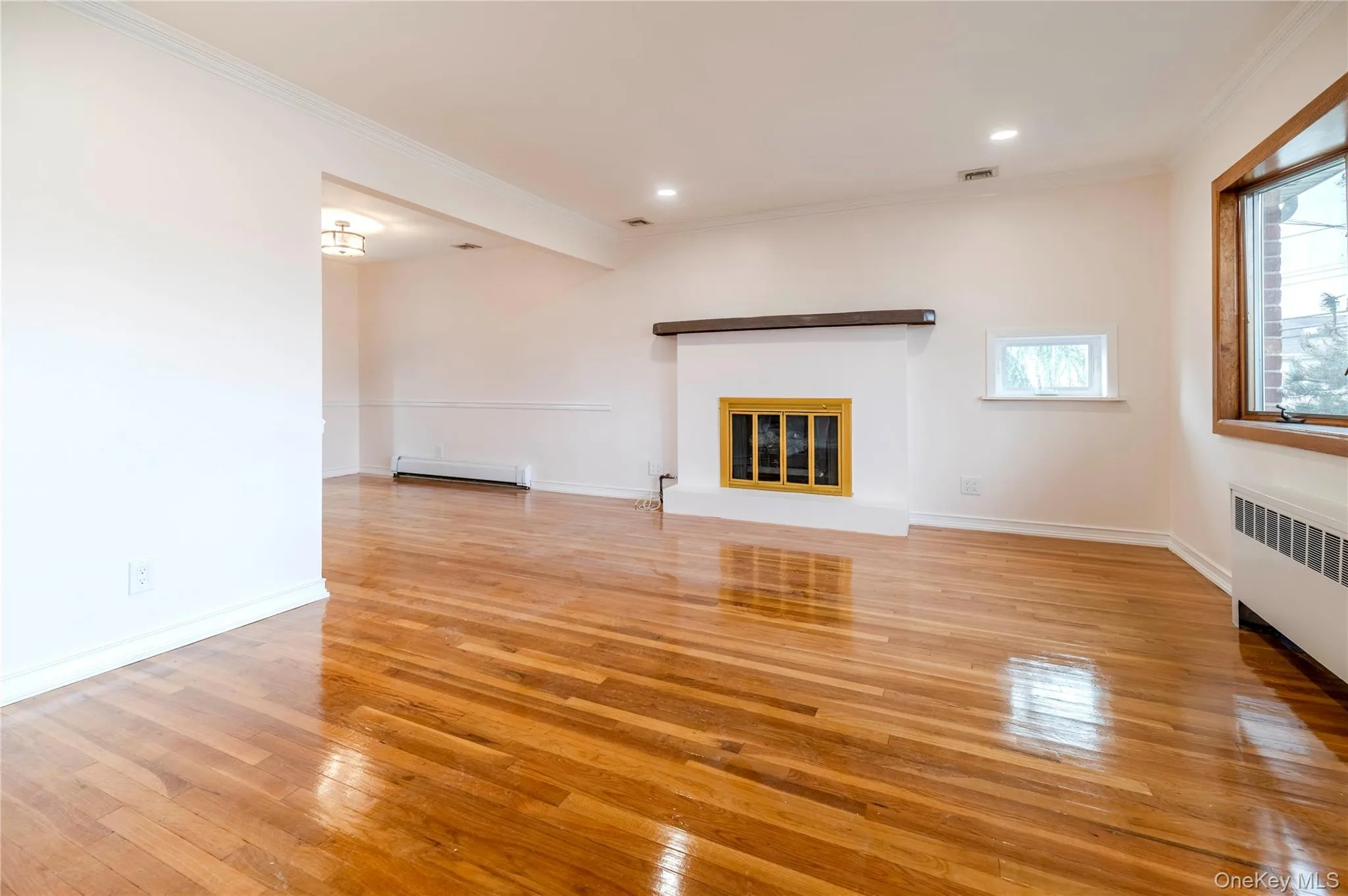 Unfurnished living room with ornamental molding, a glass covered fireplace, light wood-type flooring, radiator heating unit, and baseboard heating Unfurnished living room with ornamental molding, a glass covered fireplace, light wood-type flooring, radiator heating unit, and baseboard heating