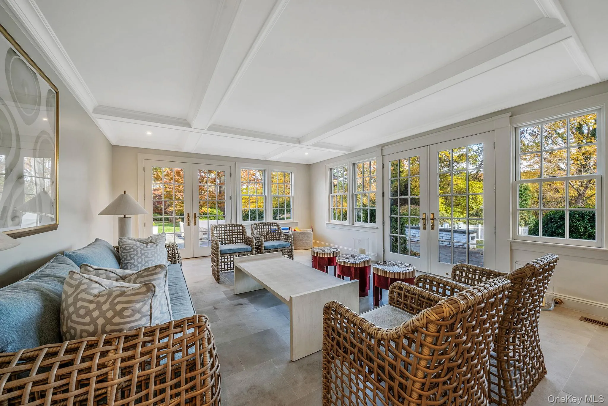 Cabana, french doors, beamed ceiling, coffered ceiling, and recessed lighting Cabana, french doors, beamed ceiling, coffered ceiling, and recessed lighting