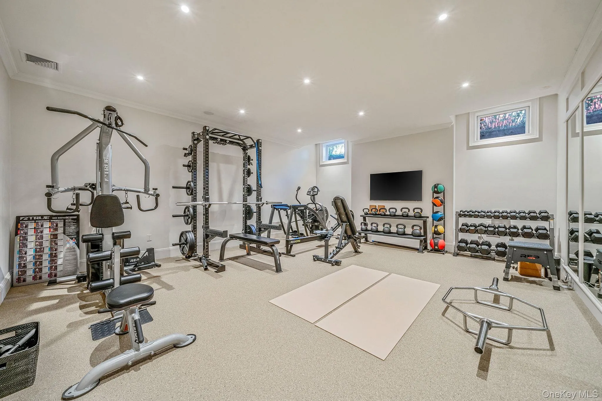 Exercise room featuring recessed lighting and crown molding, surround sound Exercise room featuring recessed lighting and crown molding, surround sound