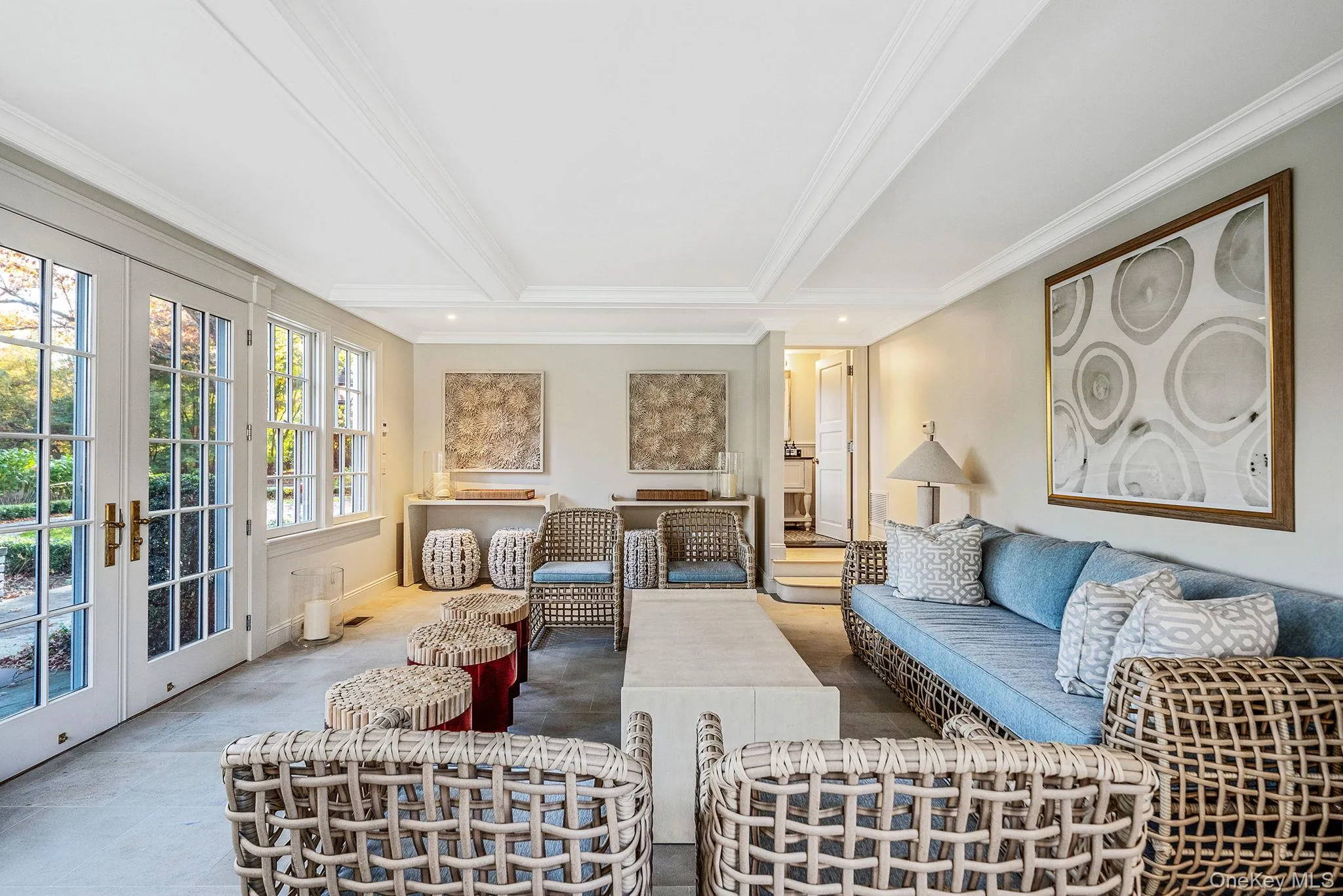 Cabana, french doors, crown molding, and beam ceiling Cabana, french doors, crown molding, and beam ceiling