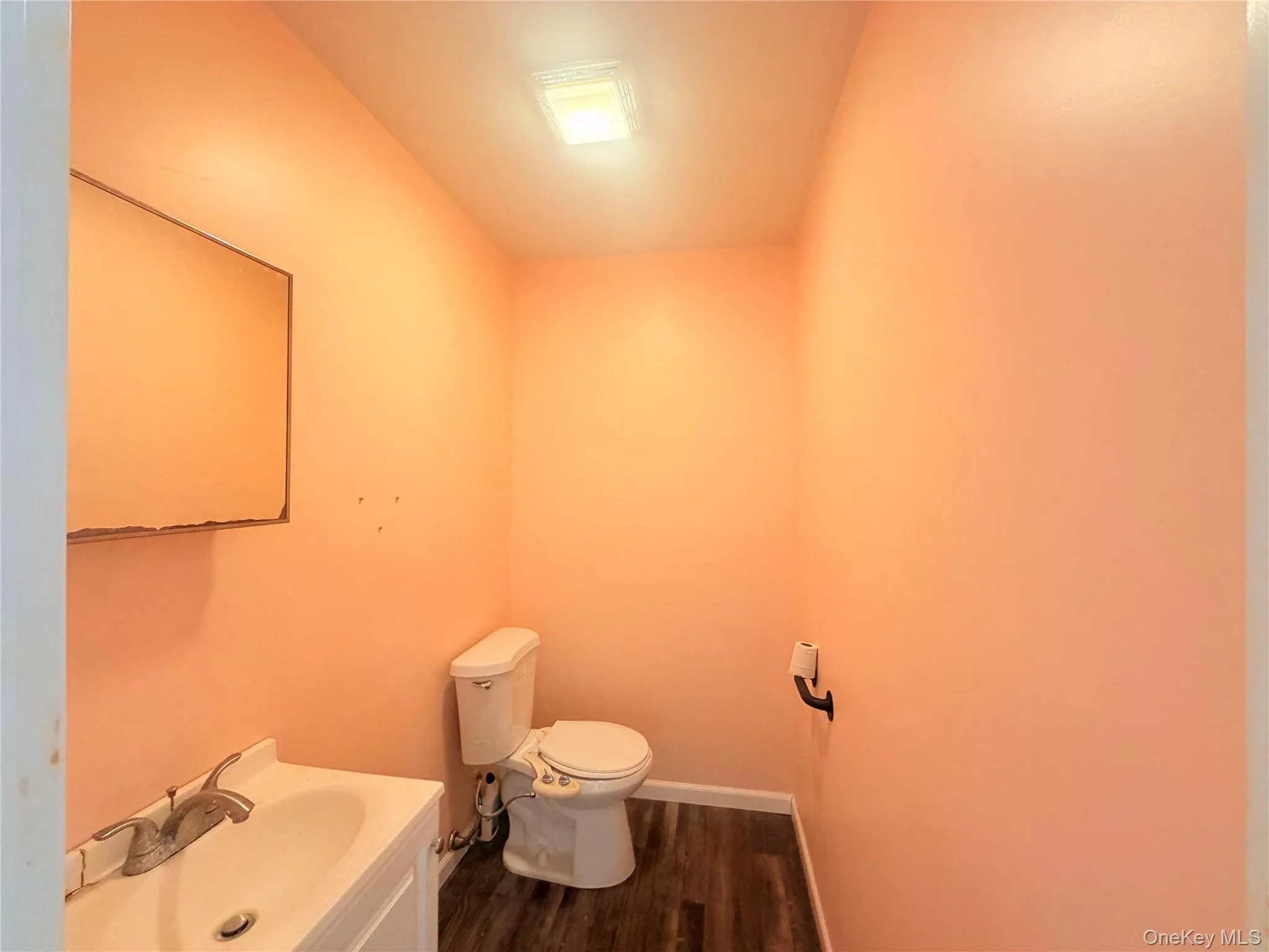 Bathroom with dark wood finished floors and vanity Bathroom with dark wood finished floors and vanity