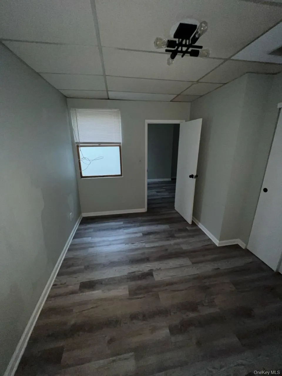 Unfurnished bedroom featuring a drop ceiling and dark wood-style floors Unfurnished bedroom featuring a drop ceiling and dark wood-style floors