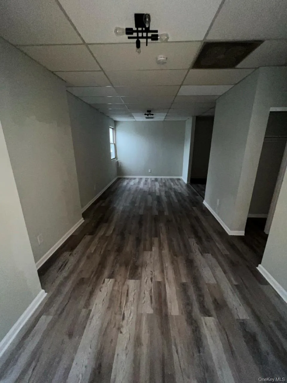 Basement with a drop ceiling and dark wood-style floors Basement with a drop ceiling and dark wood-style floors