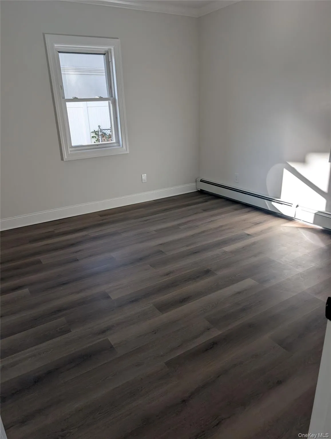 Unfurnished room with a baseboard radiator, dark wood-style floors, and ornamental molding Unfurnished room with a baseboard radiator, dark wood-style floors, and ornamental molding