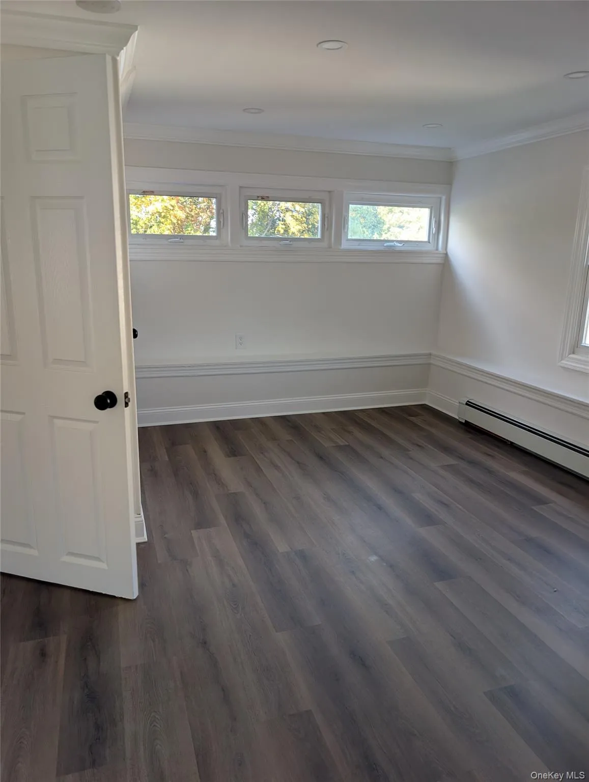 Unfurnished room with healthy amount of natural light, baseboard heating, dark wood finished floors, and crown molding Unfurnished room with healthy amount of natural light, baseboard heating, dark wood finished floors, and crown molding