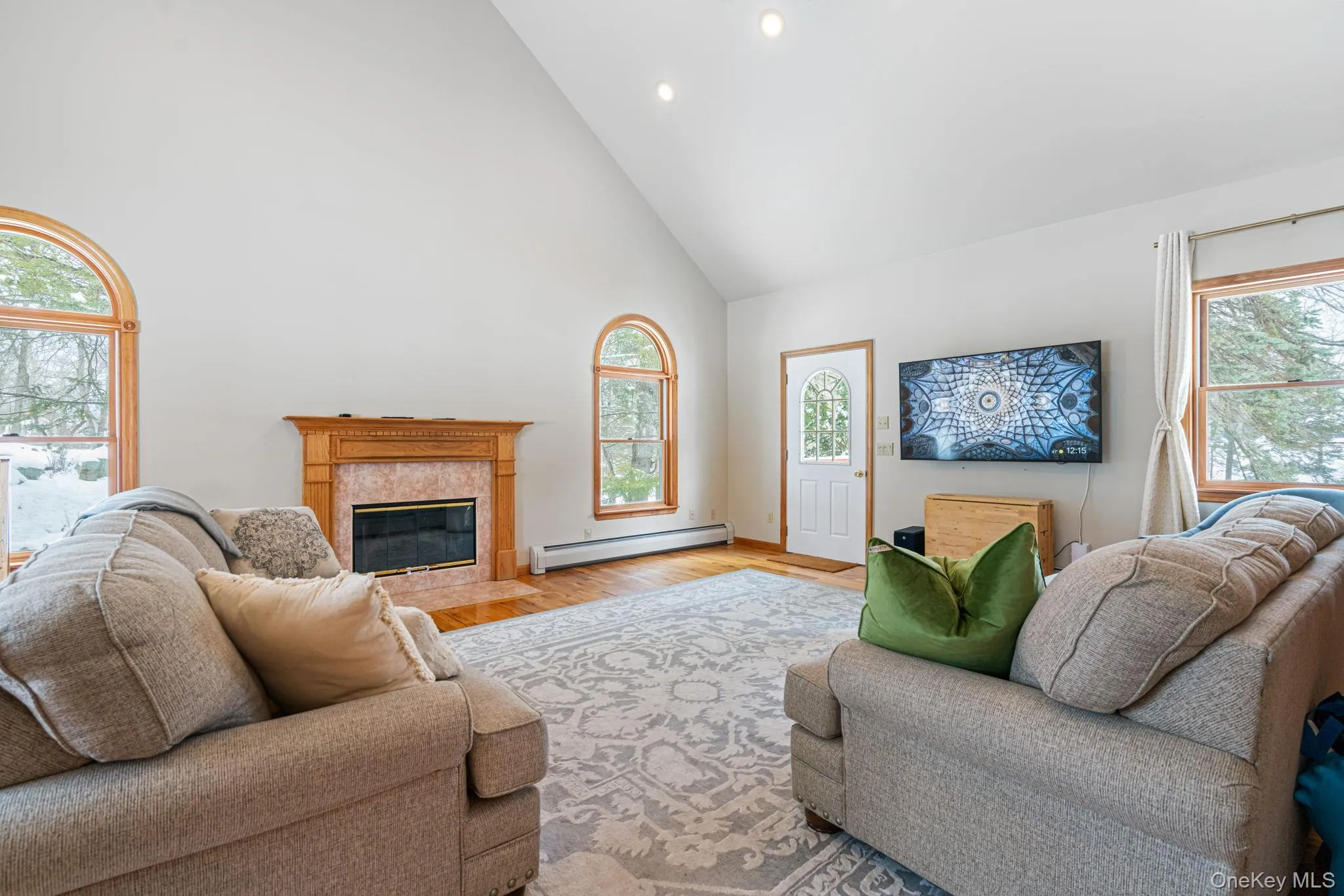 Living area with high vaulted ceiling, a premium fireplace, baseboard heating, recessed lighting, and wood finished floors Living area with high vaulted ceiling, a premium fireplace, baseboard heating, recessed lighting, and wood finished floors
