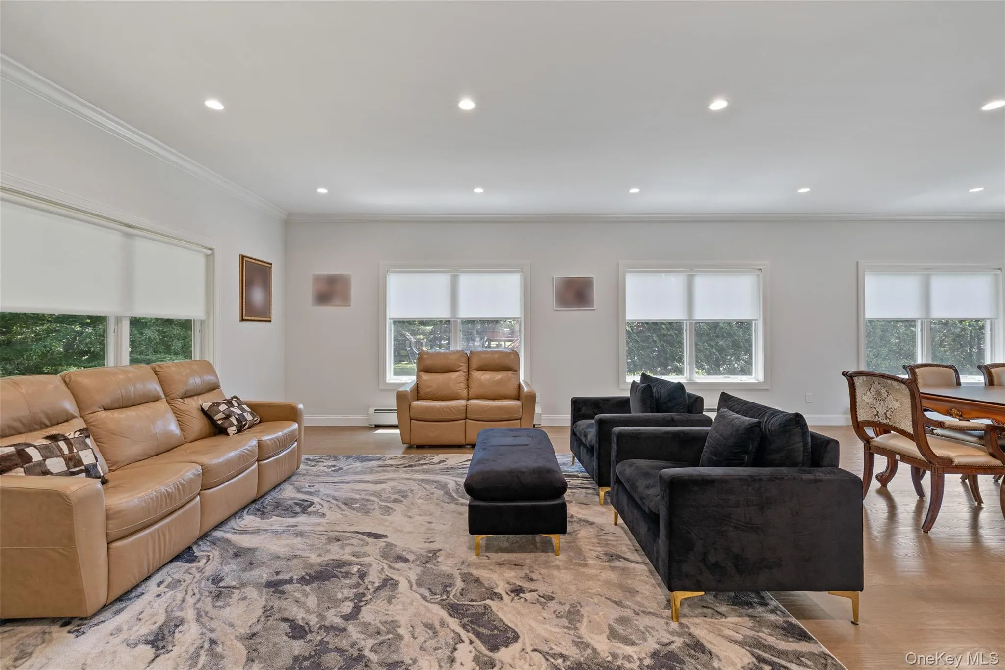 Living area featuring crown molding, healthy amount of natural light, recessed lighting, a baseboard radiator, and wood finished floors Living area featuring crown molding, healthy amount of natural light, recessed lighting, a baseboard radiator, and wood finished floors