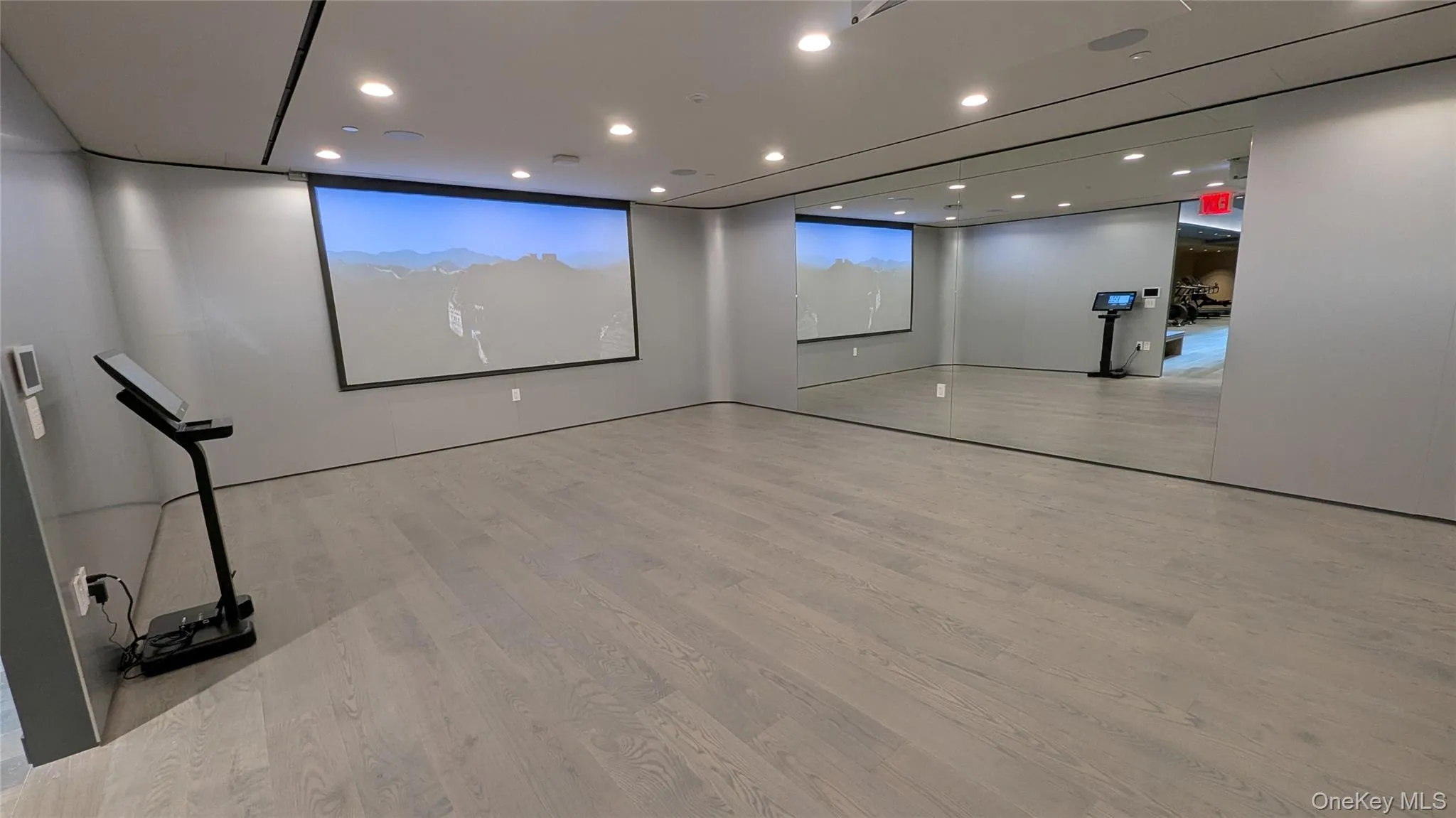 Cinema room with light wood finished floors and recessed lighting Cinema room with light wood finished floors and recessed lighting