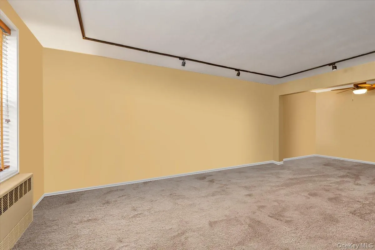 Unfurnished room featuring track lighting, radiator, a ceiling fan, light carpet, and healthy amount of natural light Unfurnished room featuring track lighting, radiator, a ceiling fan, light carpet, and healthy amount of natural light