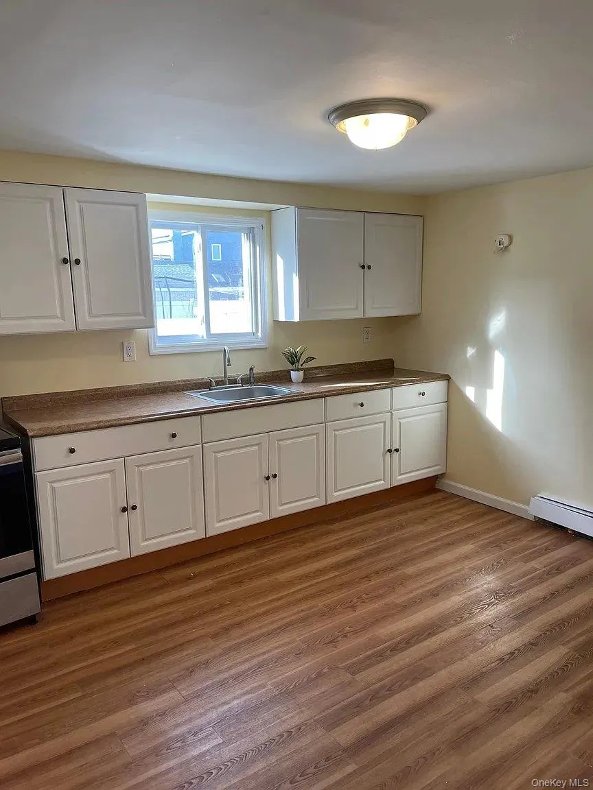 Kitchen with white cabinetry, dark wood-style floors, stainless steel electric stove, and a baseboard heating unit Kitchen with white cabinetry, dark wood-style floors, stainless steel electric stove, and a baseboard heating unit