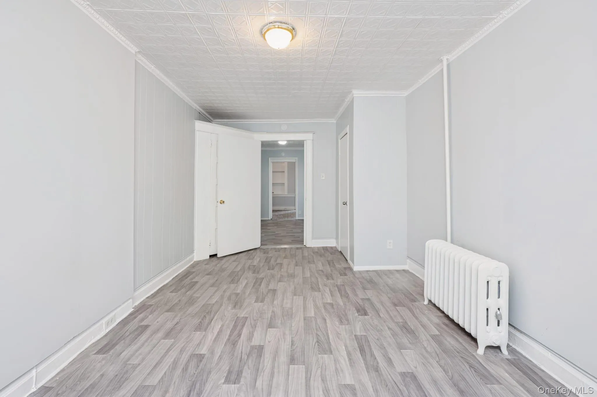 Unfurnished room with crown molding, radiator heating unit, light wood-style flooring, and an ornate ceiling Unfurnished room with crown molding, radiator heating unit, light wood-style flooring, and an ornate ceiling