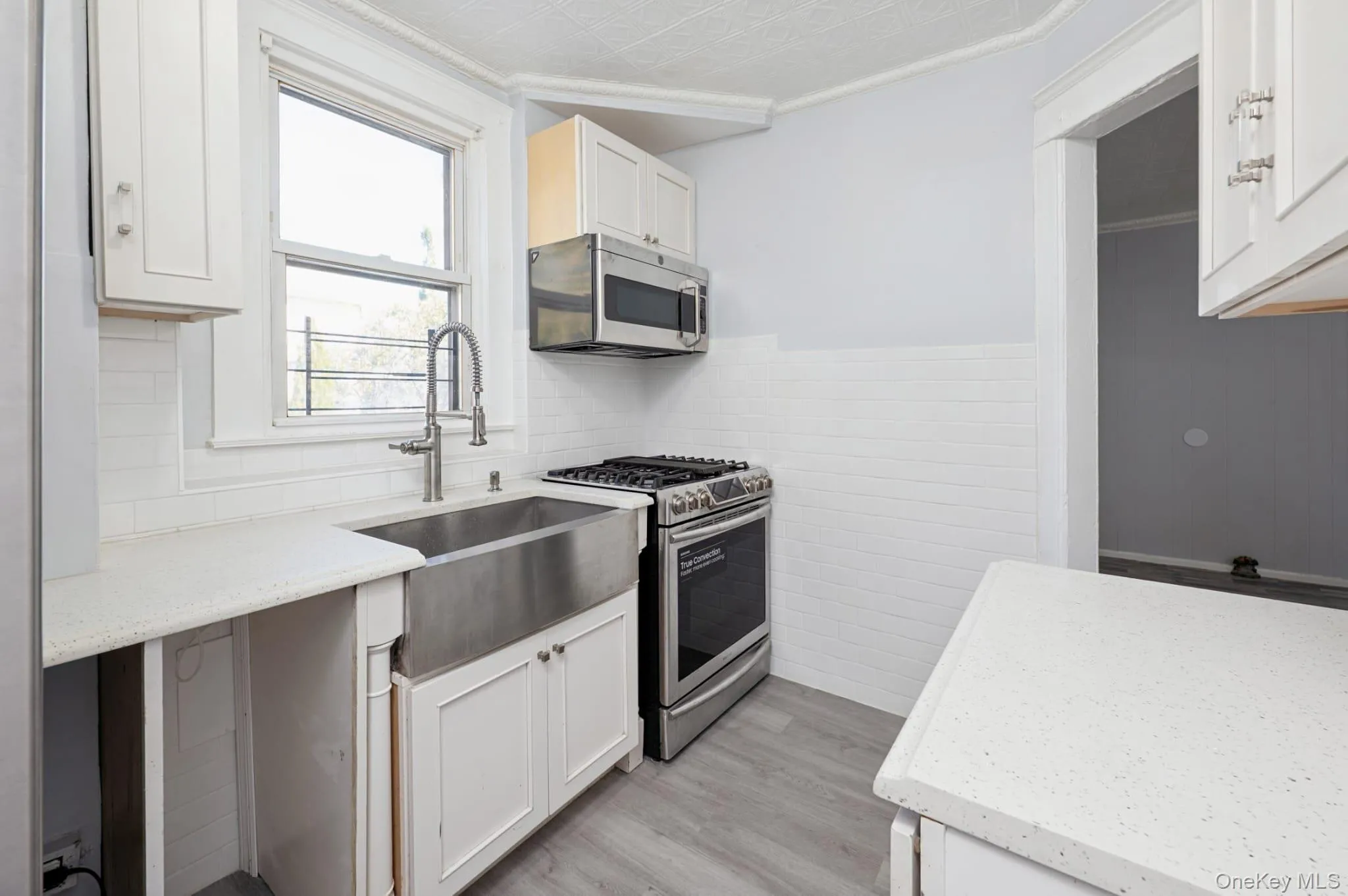 Kitchen with stainless steel appliances, light wood finished floors, a wainscoted wall, light stone counters, and an ornate ceiling Kitchen with stainless steel appliances, light wood finished floors, a wainscoted wall, light stone counters, and an ornate ceiling