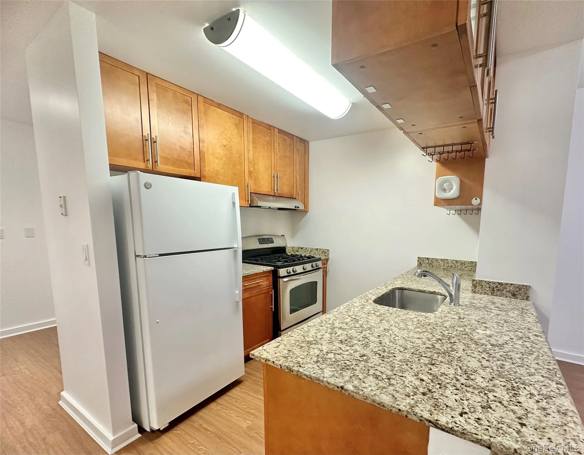 Kitchen with light stone counters, freestanding refrigerator, light wood-style floors, gas range, and a peninsula Kitchen with light stone counters, freestanding refrigerator, light wood-style floors, gas range, and a peninsula