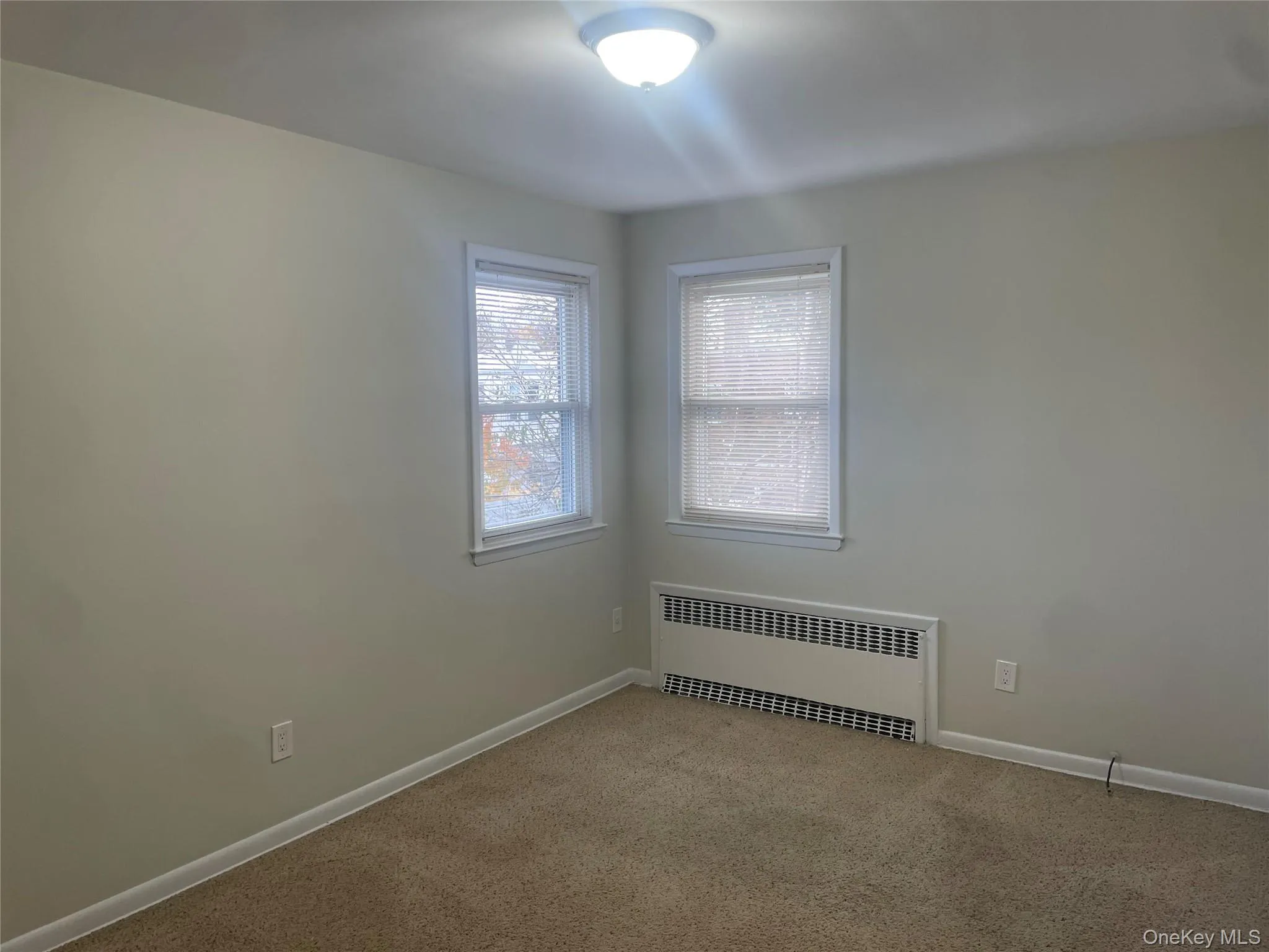 Carpeted empty room featuring radiator heating unit and baseboards Carpeted empty room featuring radiator heating unit and baseboards