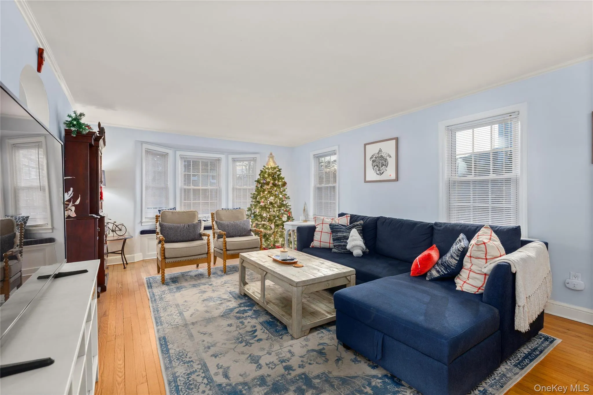 Living area featuring plenty of natural light, light wood-type flooring, and ornamental molding Living area featuring plenty of natural light, light wood-type flooring, and ornamental molding