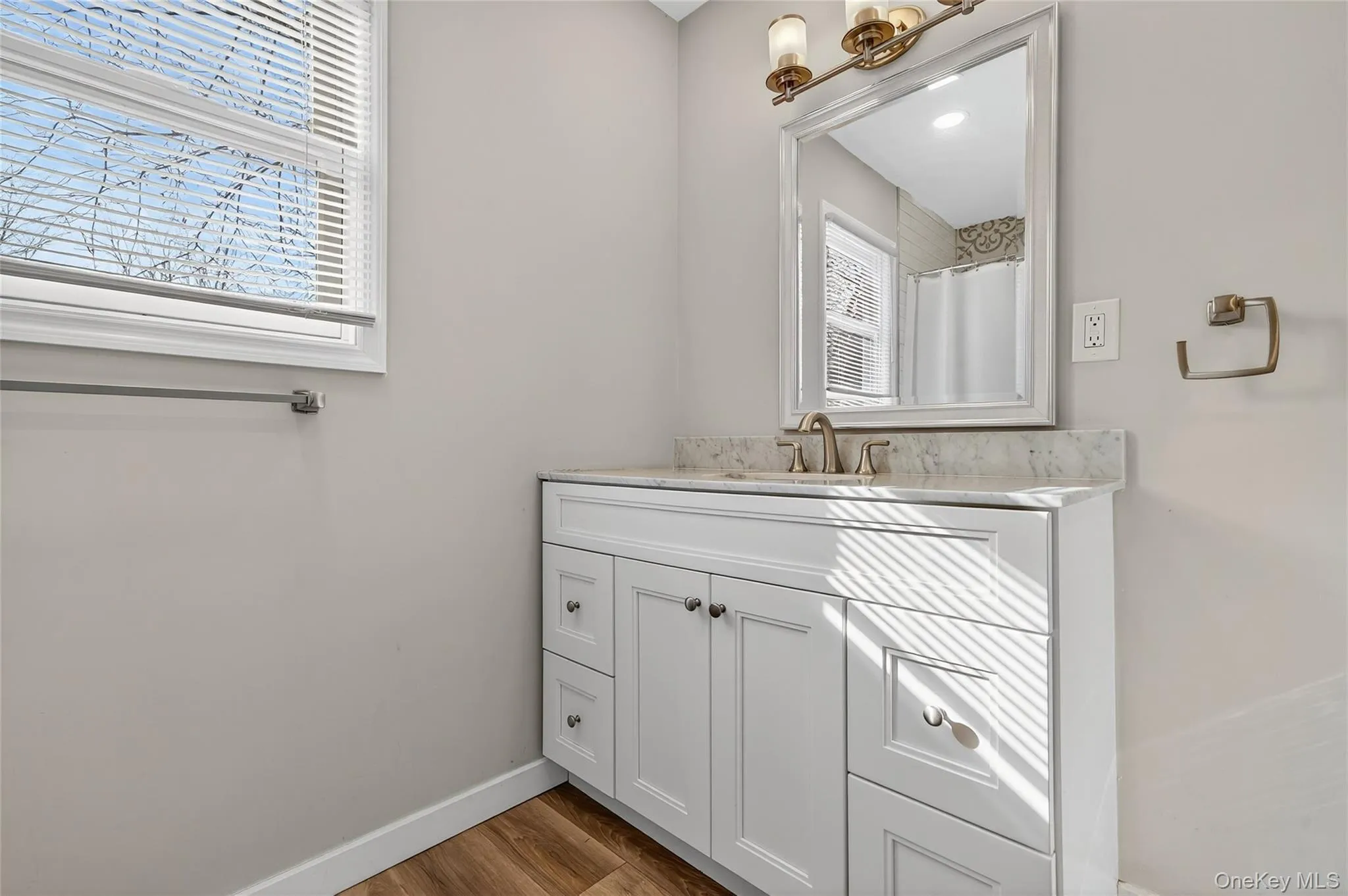 Full bath featuring vanity, a shower with curtain, and dark wood-type flooring Full bath featuring vanity, a shower with curtain, and dark wood-type flooring