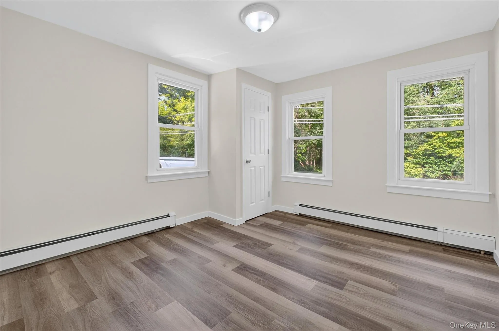 Unfurnished room with a baseboard radiator, healthy amount of natural light, and light wood-type flooring Unfurnished room with a baseboard radiator, healthy amount of natural light, and light wood-type flooring