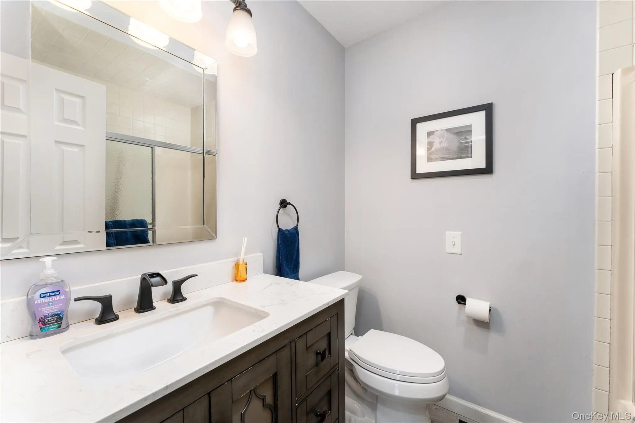 Full bath featuring vanity and a shower with shower door Full bath featuring vanity and a shower with shower door