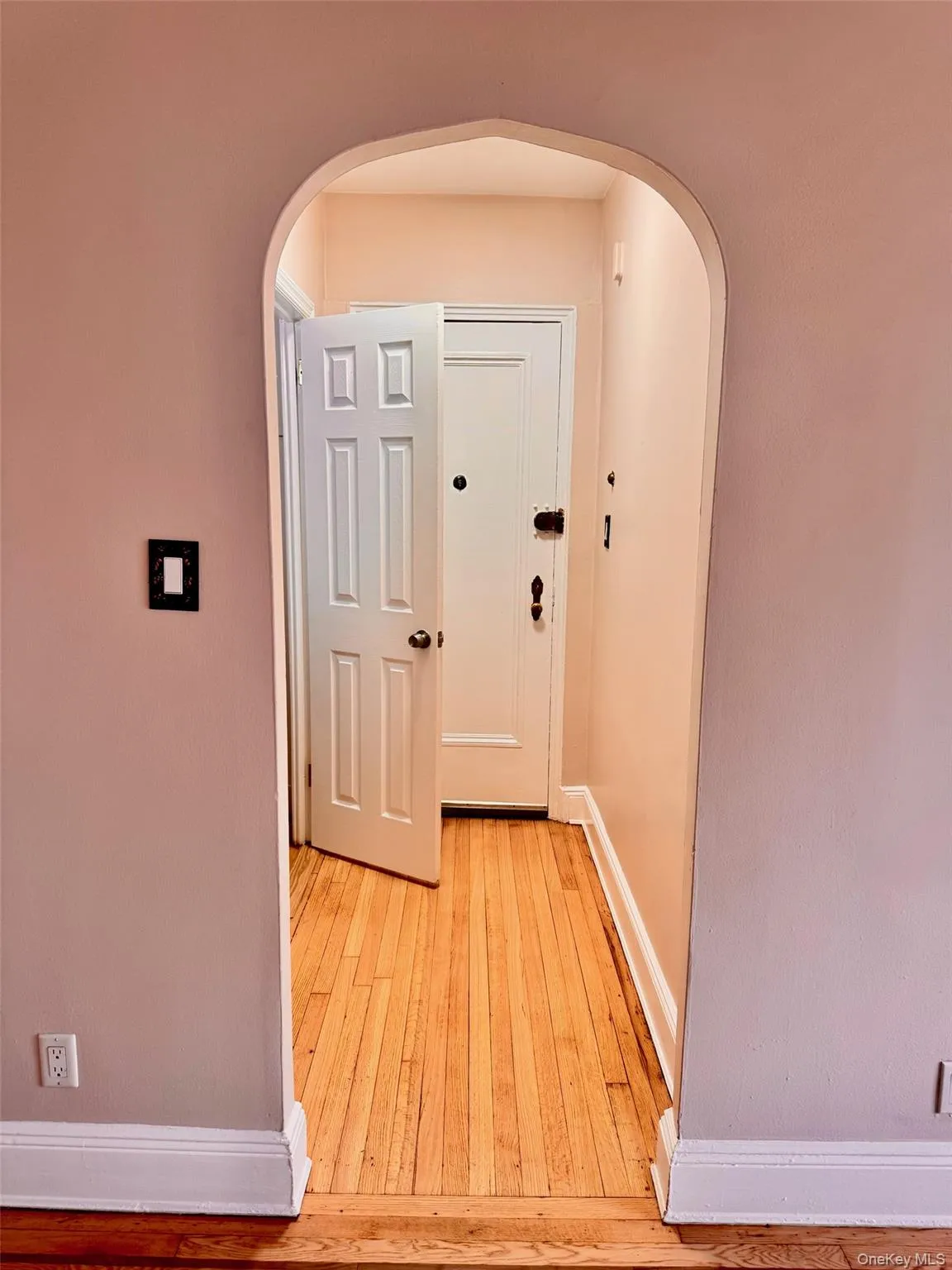 Hall featuring light wood finished floors and arched walkways Hall featuring light wood finished floors and arched walkways