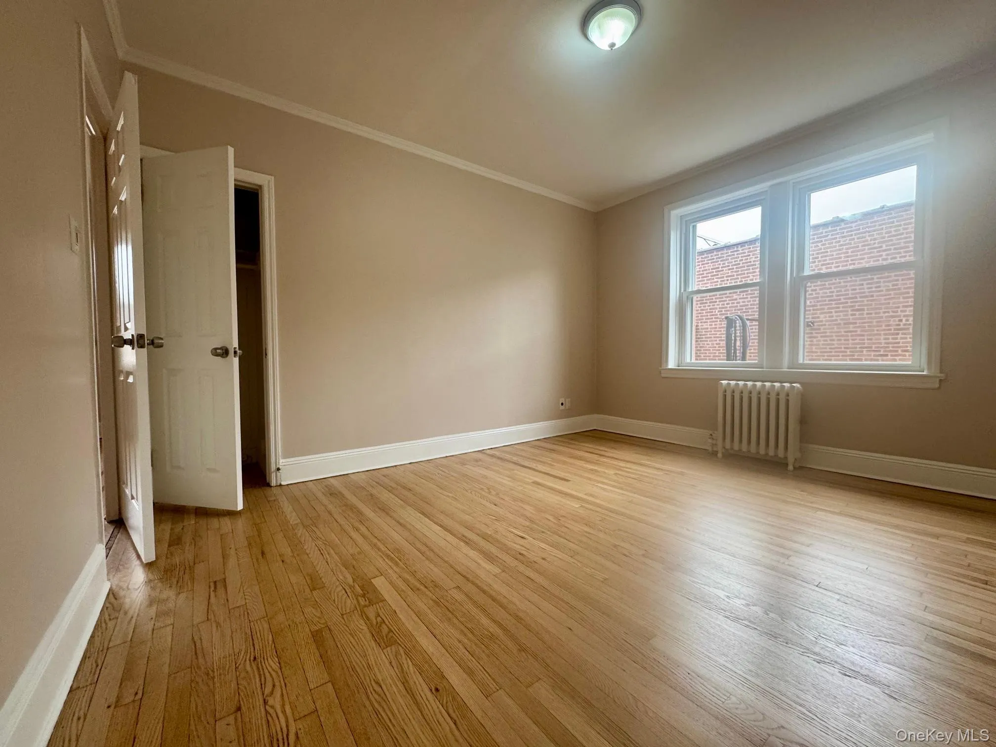 Spare room featuring radiator heating unit, crown molding, and light wood-style floors Spare room featuring radiator heating unit, crown molding, and light wood-style floors