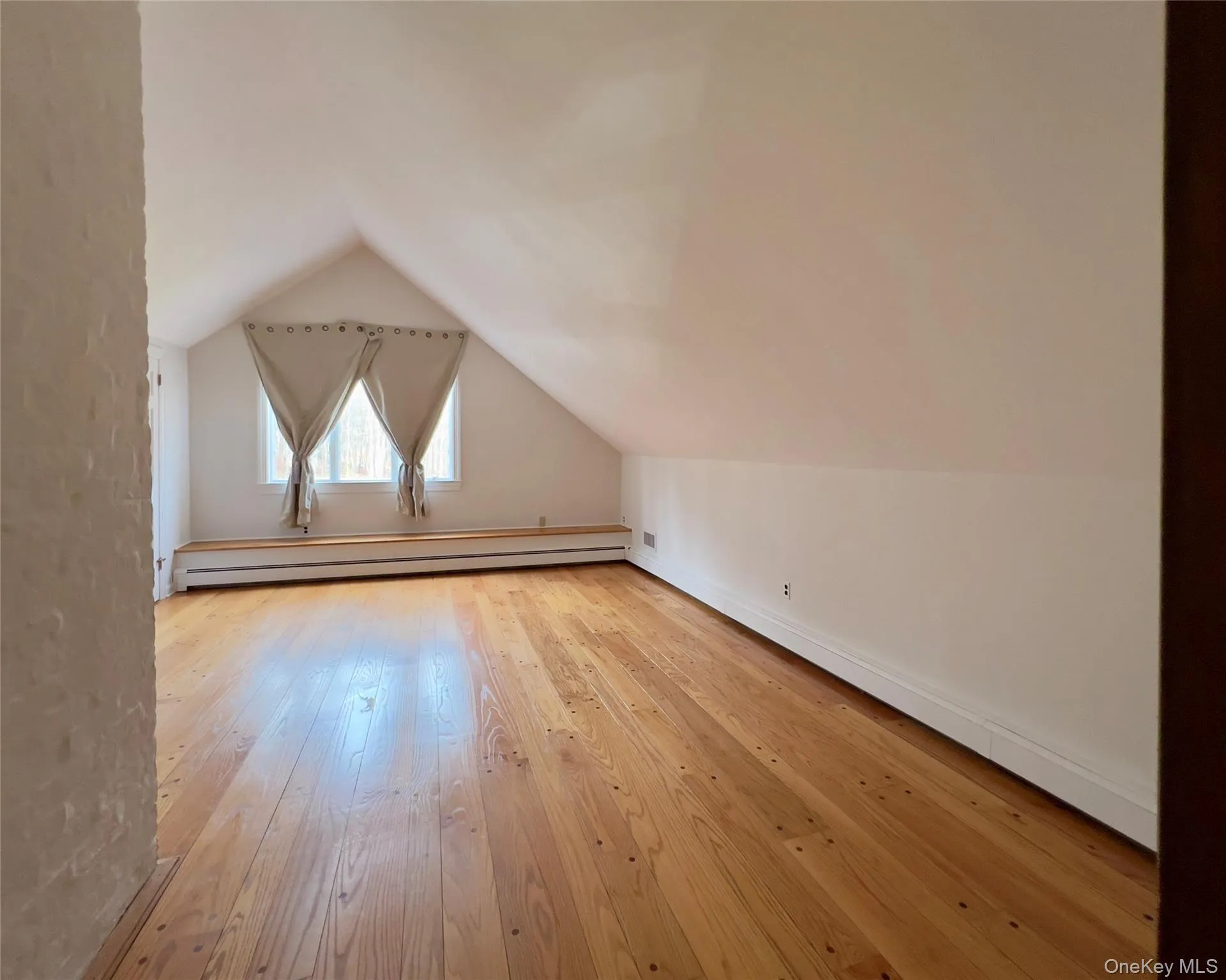 Large primary bedroom with hardwood floors, lofted ceiling, spacious closet and a baseboard heating unit Large primary bedroom with hardwood floors, lofted ceiling, spacious closet and a baseboard heating unit